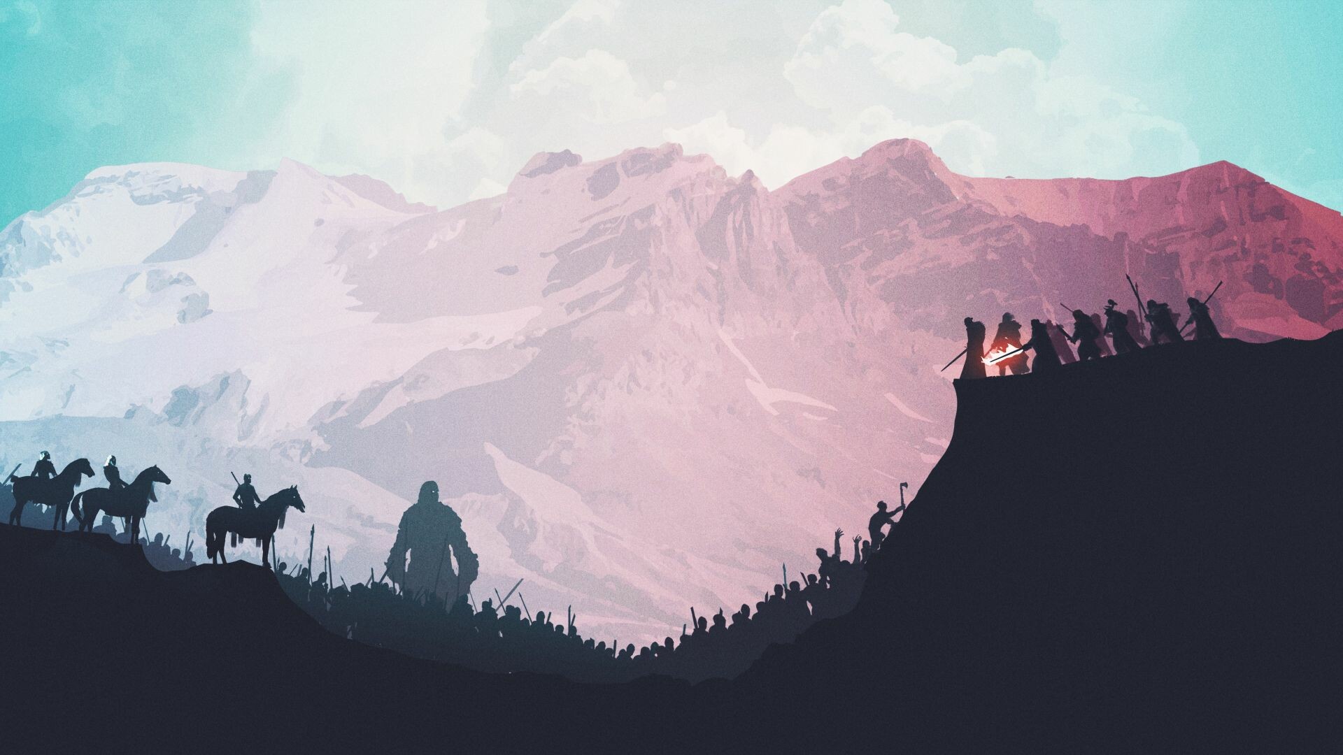 Jon Snow with Longclaw, Beric Dondarrion, Wun Wun the wildling giant silhouette, Night's Watch, Mounted knights, Battle of the Bastards — 1920×1080 HD wallpaper