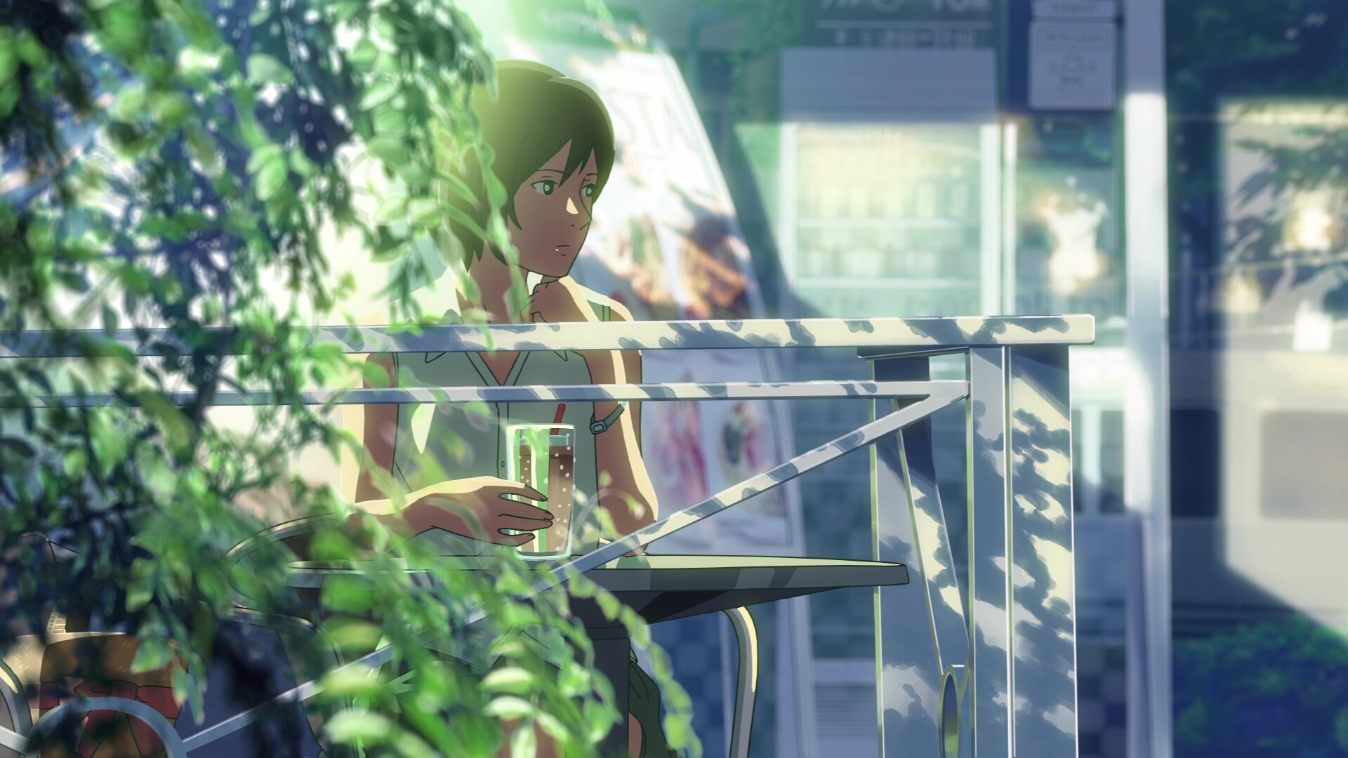 Yukari Yukino, Outdoor cafe table, Sunlit green foliage Yukari Yukino, Outdoor cafe table, Sunlit green foliage — 1920×1080 HD wallpaper