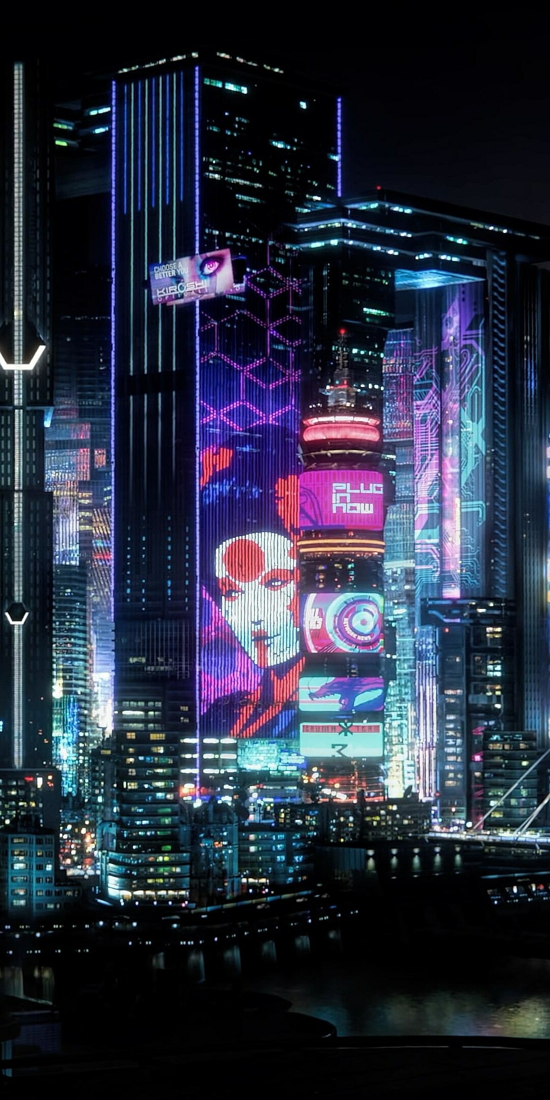 Night City megabuilding, Geisha face billboard, Neon skyscraper facades Night City megabuilding, Geisha face billboard, Neon skyscraper facades — 1080×2160 HD wallpaper