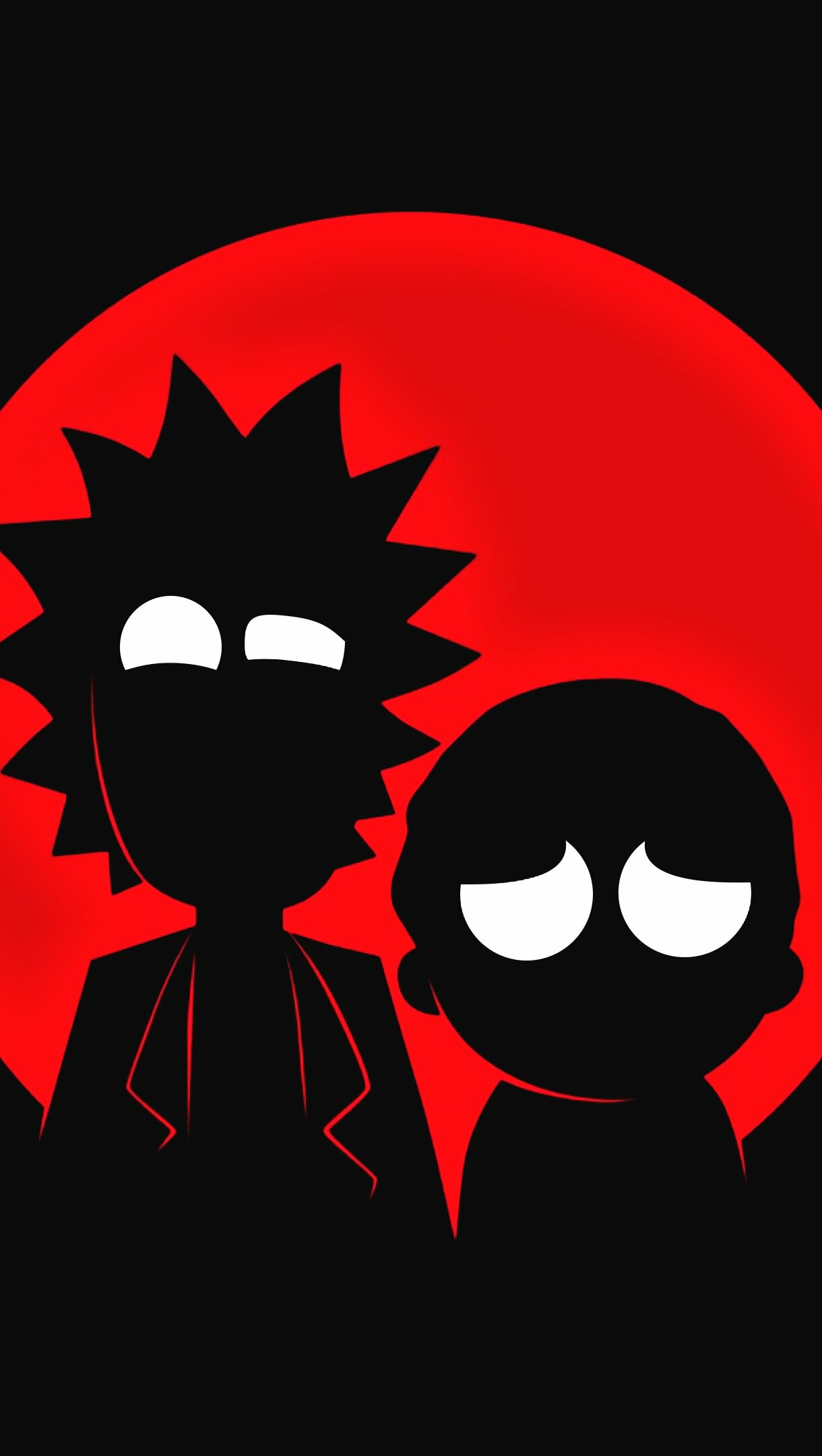 Rick Sanchez silhouette, Morty Smith silhouette, Red circle backdrop Rick Sanchez silhouette, Morty Smith silhouette, Red circle backdrop — 1220×2160 HD wallpaper
