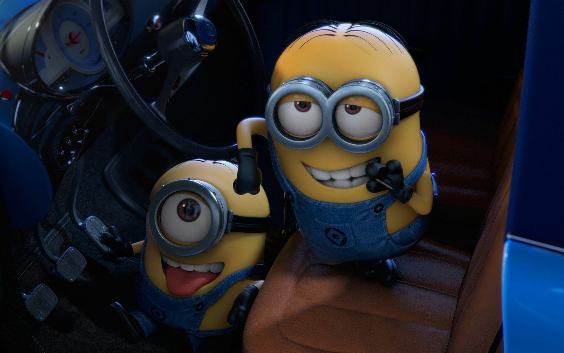 Minions Stuart and Kevin, Car steering wheel, Denim overalls goggles Minions Stuart and Kevin, Car steering wheel, Denim overalls goggles — 1920×1200 HD wallpaper