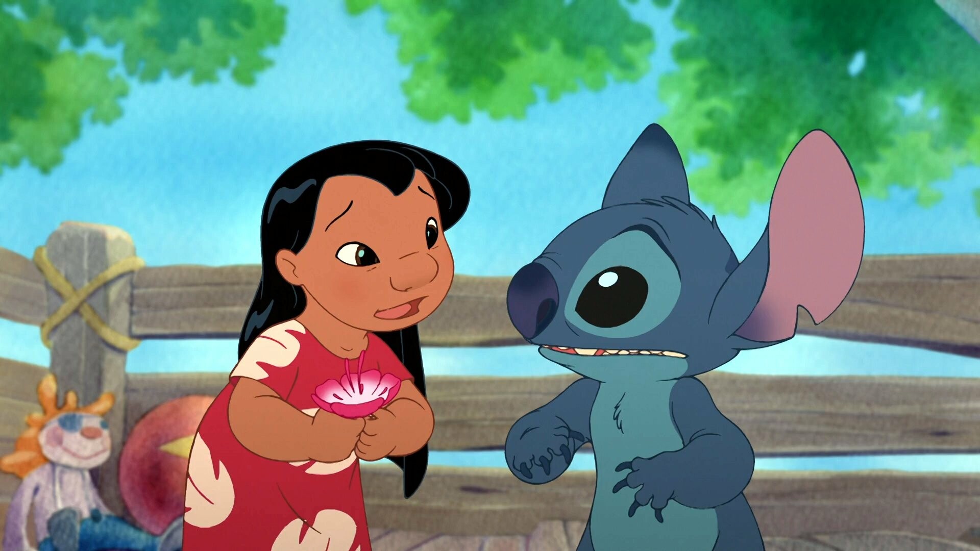 Lilo Pelekai, Stitch (Experiment 626), Pink tropical flower, Backyard wooden fence Lilo Pelekai, Stitch (Experiment 626), Pink tropical flower, Backyard wooden fence — 1920×1080 HD wallpaper