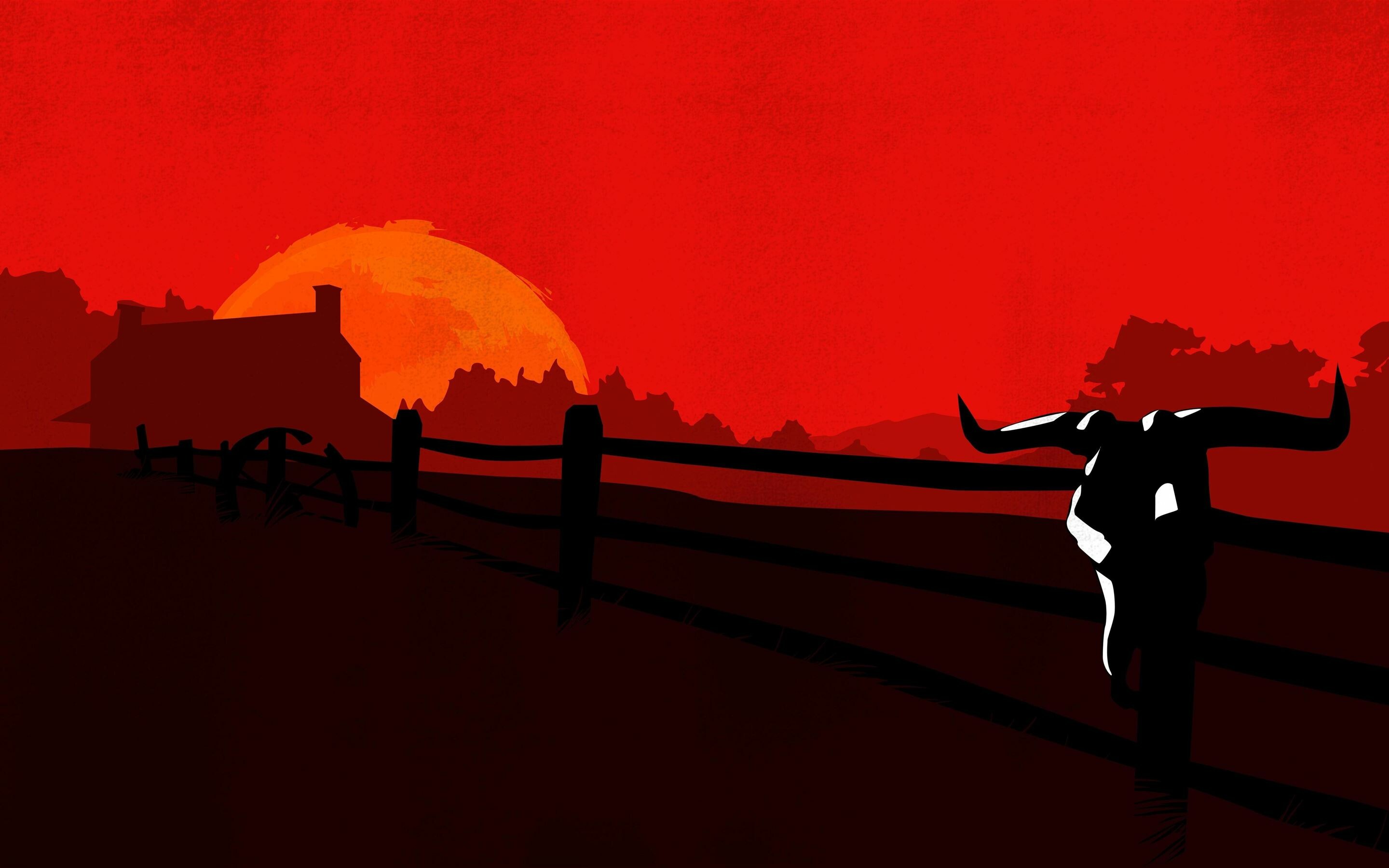 Longhorn steer at fence, Minimalist ranch sunset, Red Dead Redemption (2010) Longhorn steer at fence, Minimalist ranch sunset, Red Dead Redemption (2010) — 2880×1800 HD wallpaper
