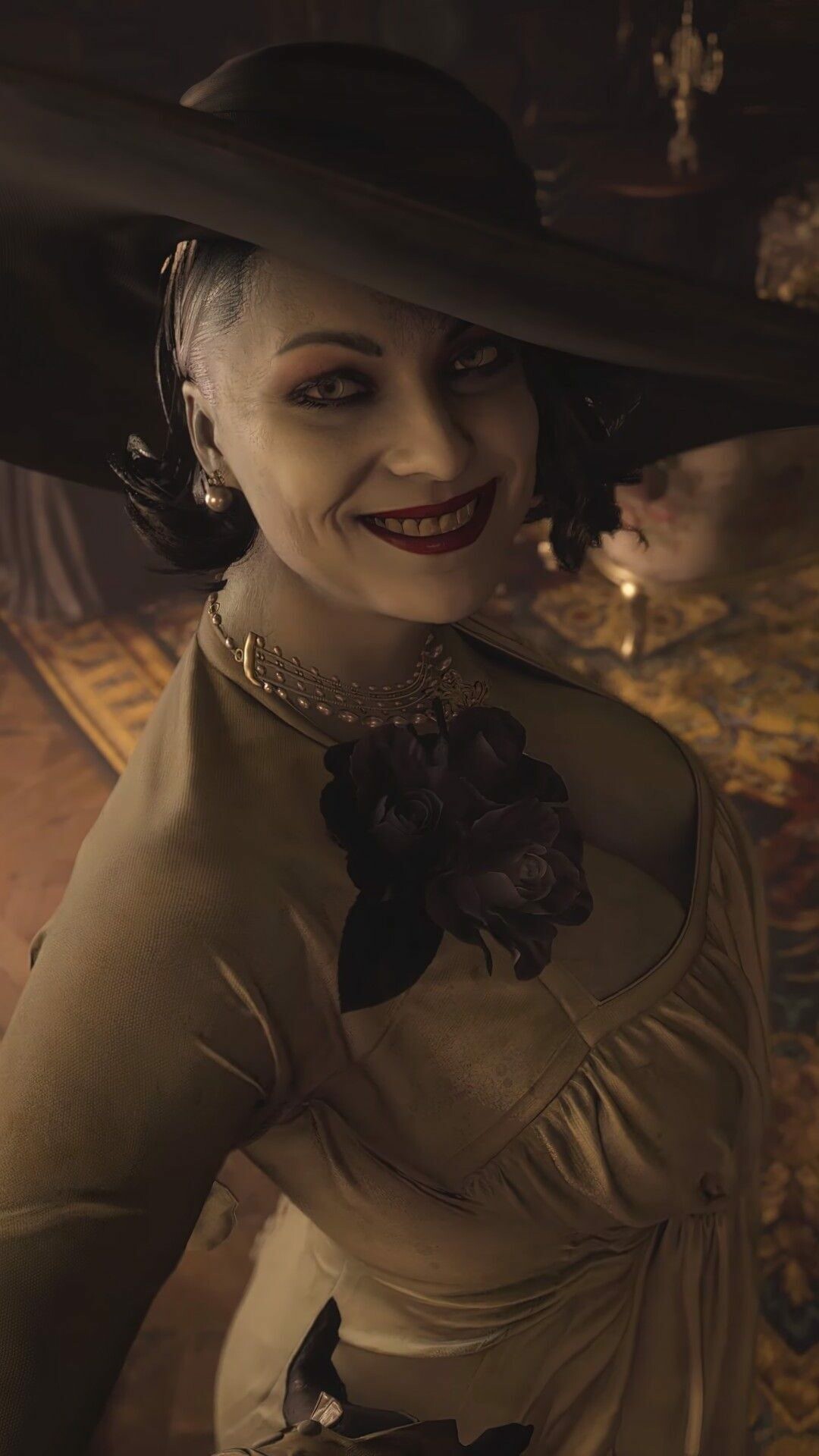Lady Alcina Dimitrescu, Wide black hat and golden dress, Warm castle interior Lady Alcina Dimitrescu, Wide black hat and golden dress, Warm castle interior — 1080×1920 HD wallpaper