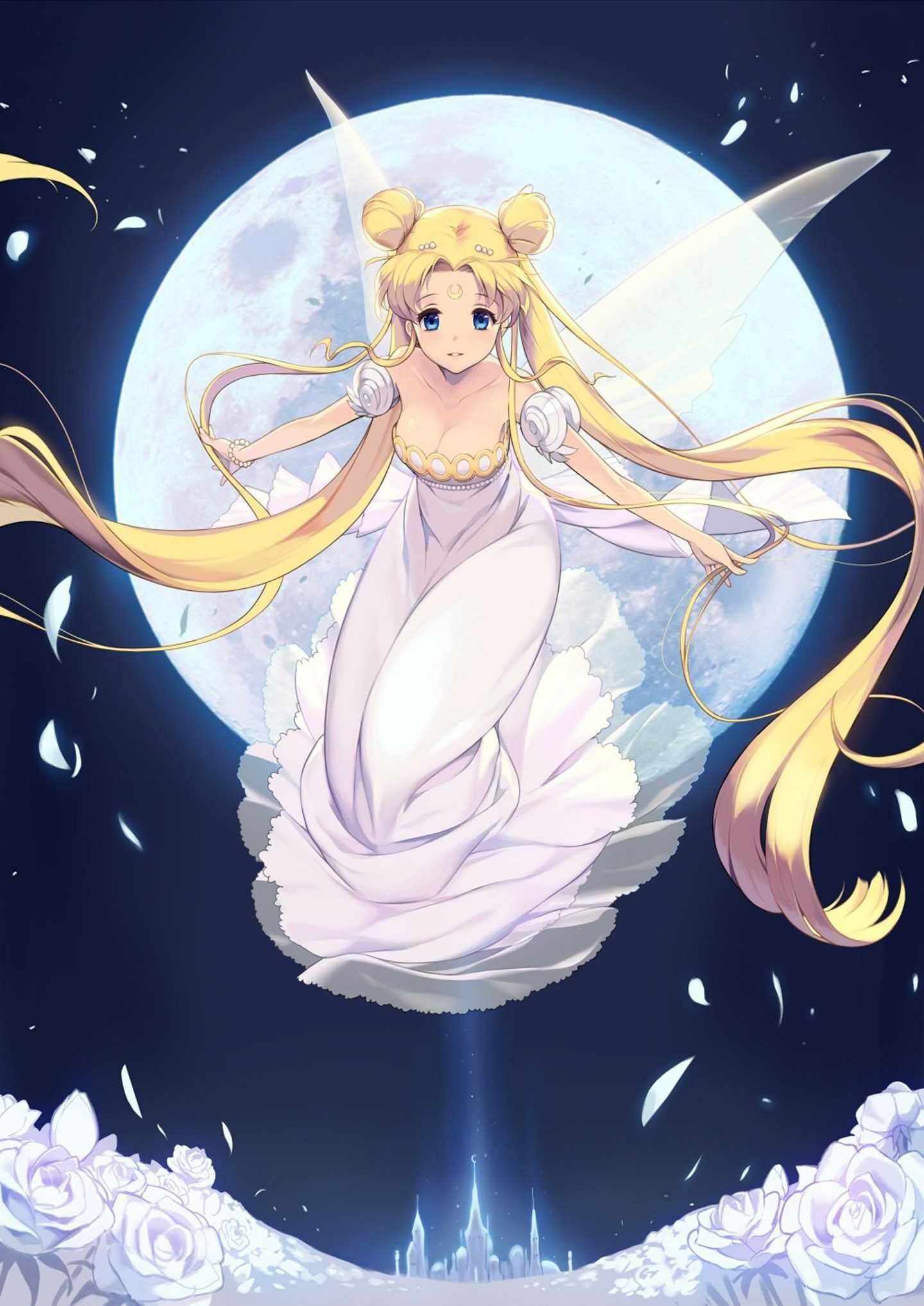 Princess Serenity, Full moon backdrop, White roses, Moon Kingdom castle Princess Serenity, Full moon backdrop, White roses, Moon Kingdom castle — 1440×2036 HD wallpaper