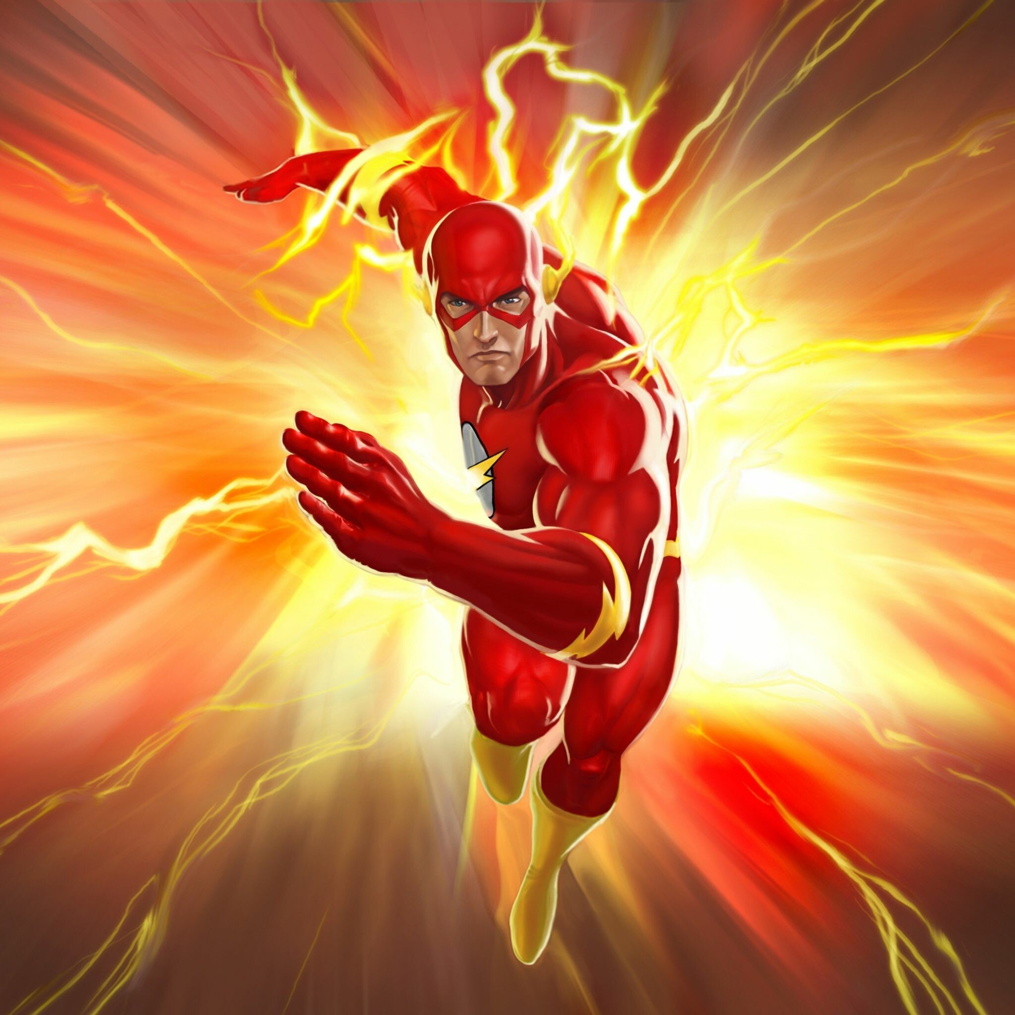 The Flash, Yellow lightning bolts, Fiery orange burst The Flash, Yellow lightning bolts, Fiery orange burst — 2048×2048 HD wallpaper
