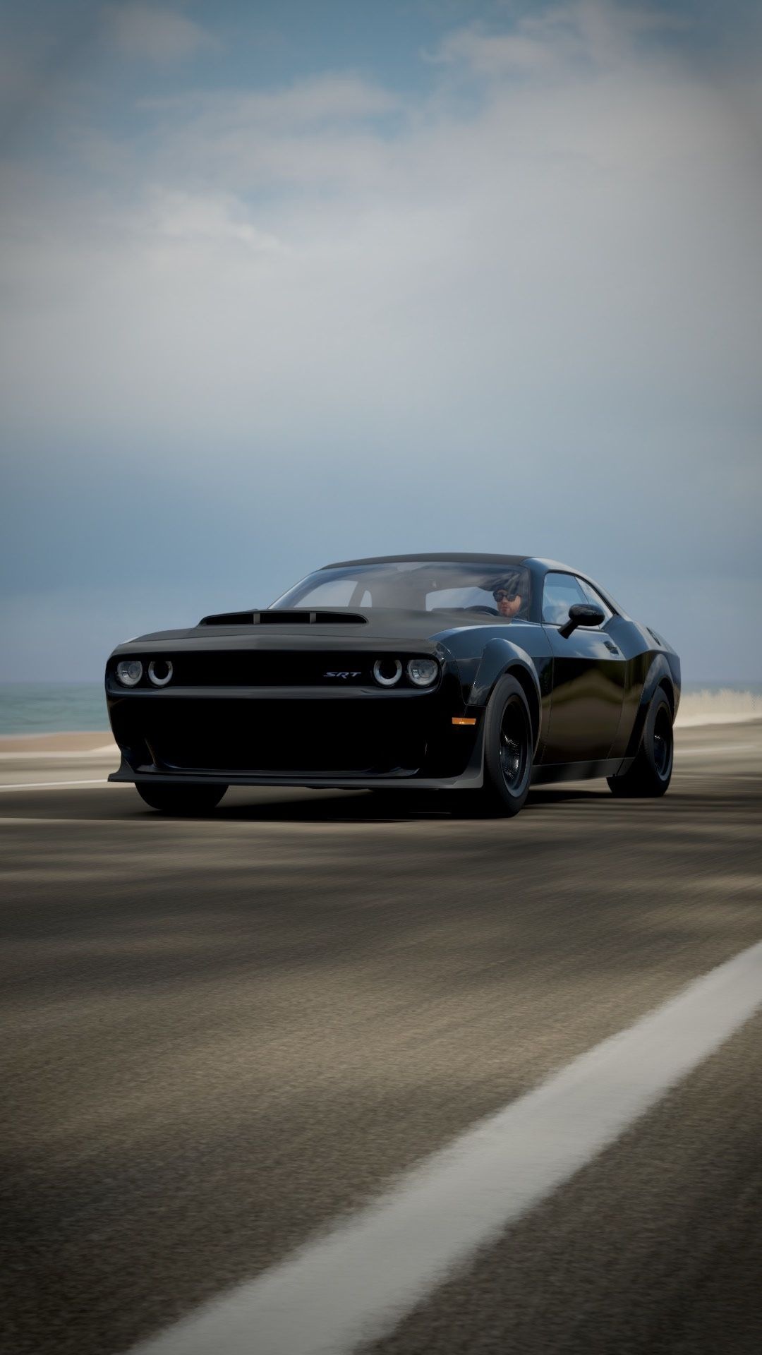 Dodge Challenger SRT Hellcat, Black widebody, Coastal highway Dodge Challenger SRT Hellcat, Black widebody, Coastal highway — 1080×1920 HD wallpaper