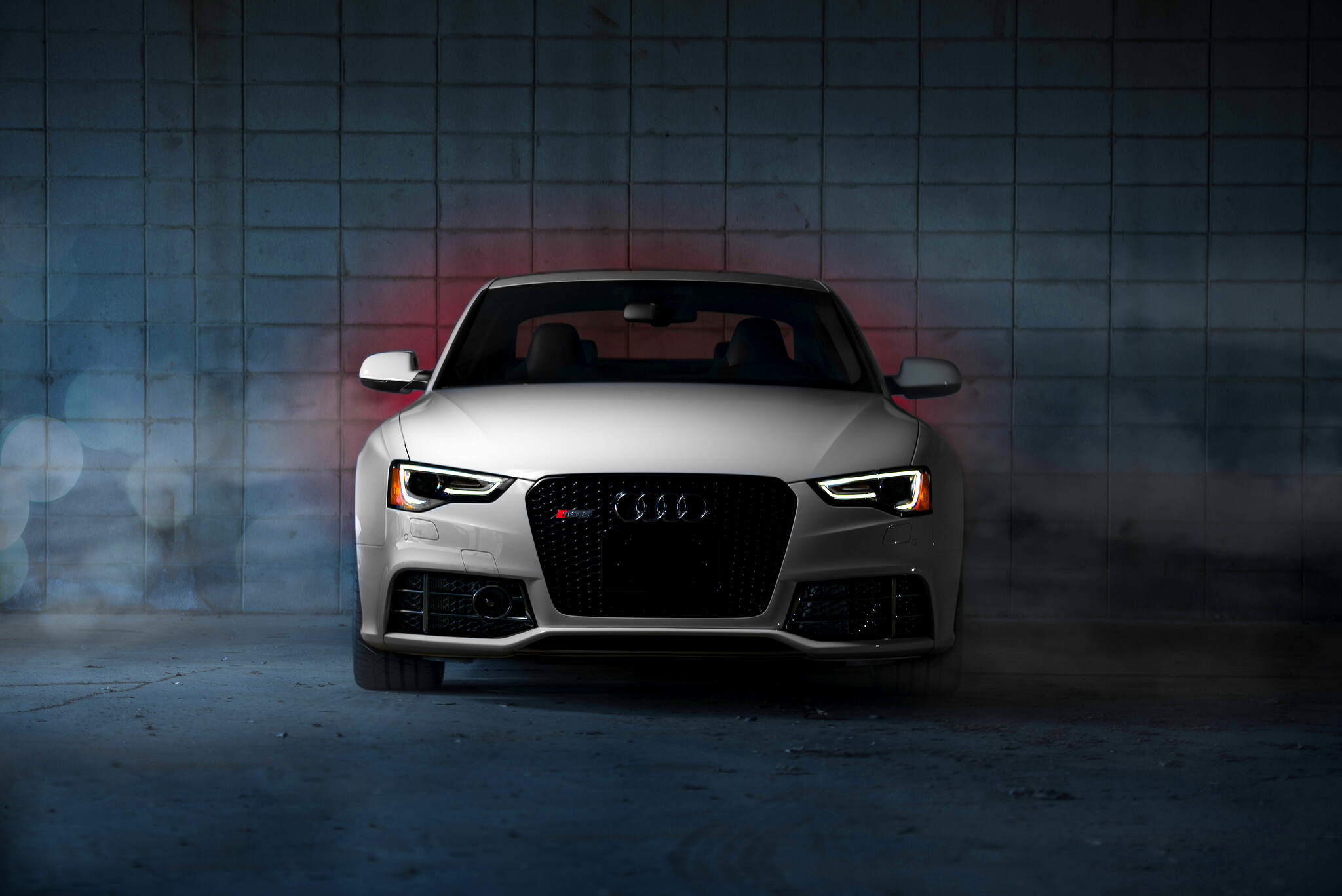 White RS5 coupe, Smoky concrete garage, Red glow backdrop White RS5 coupe, Smoky concrete garage, Red glow backdrop — 2048×1367 HD wallpaper