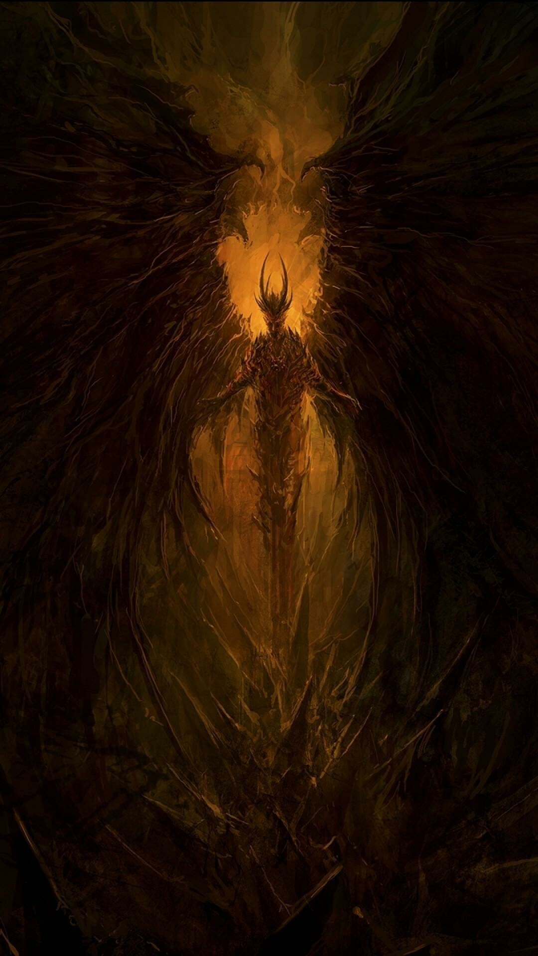 Diablo Lord of Terror, Horned demon silhouette, Fiery dark abyss Diablo Lord of Terror, Horned demon silhouette, Fiery dark abyss — 1080×1920 HD wallpaper