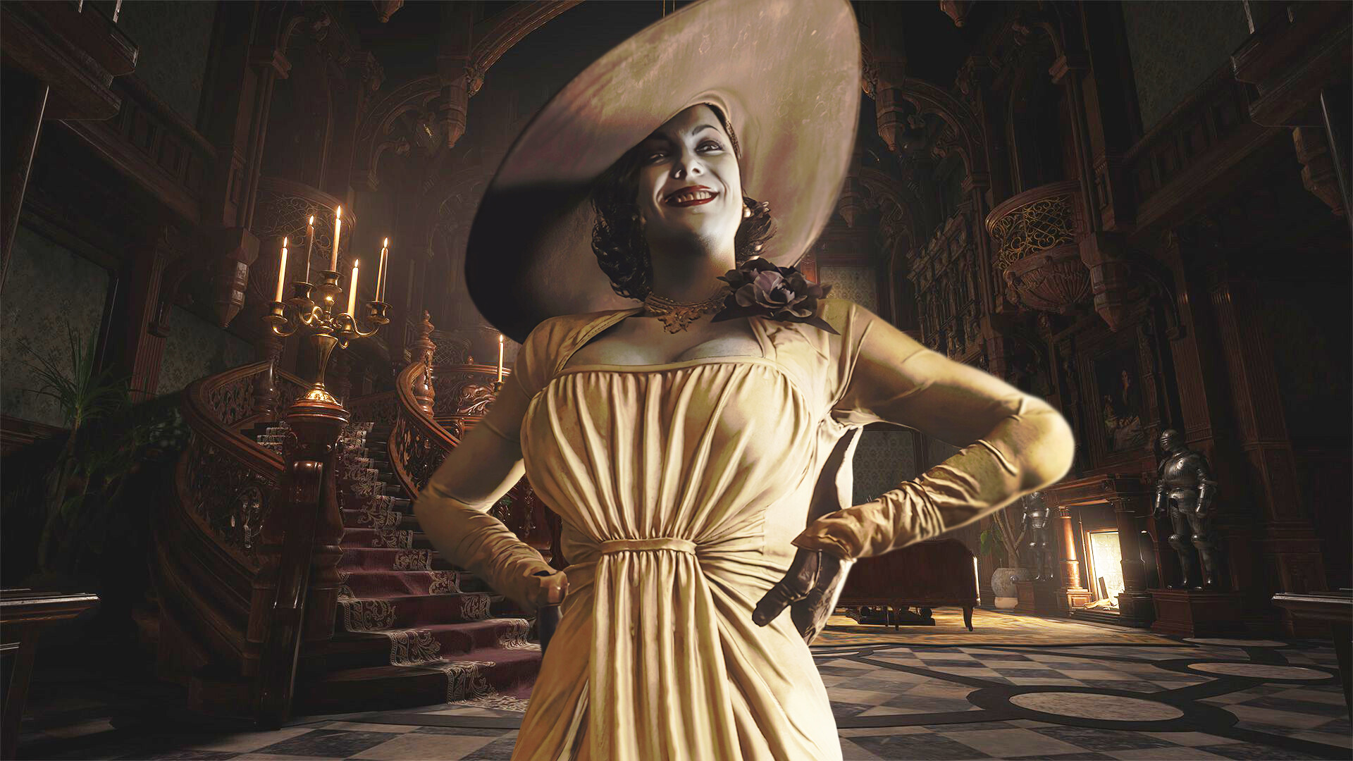 Lady Alcina Dimitrescu, White dress and wide-brim hat, Castle grand hall Lady Alcina Dimitrescu, White dress and wide-brim hat, Castle grand hall — 1920×1080 HD wallpaper