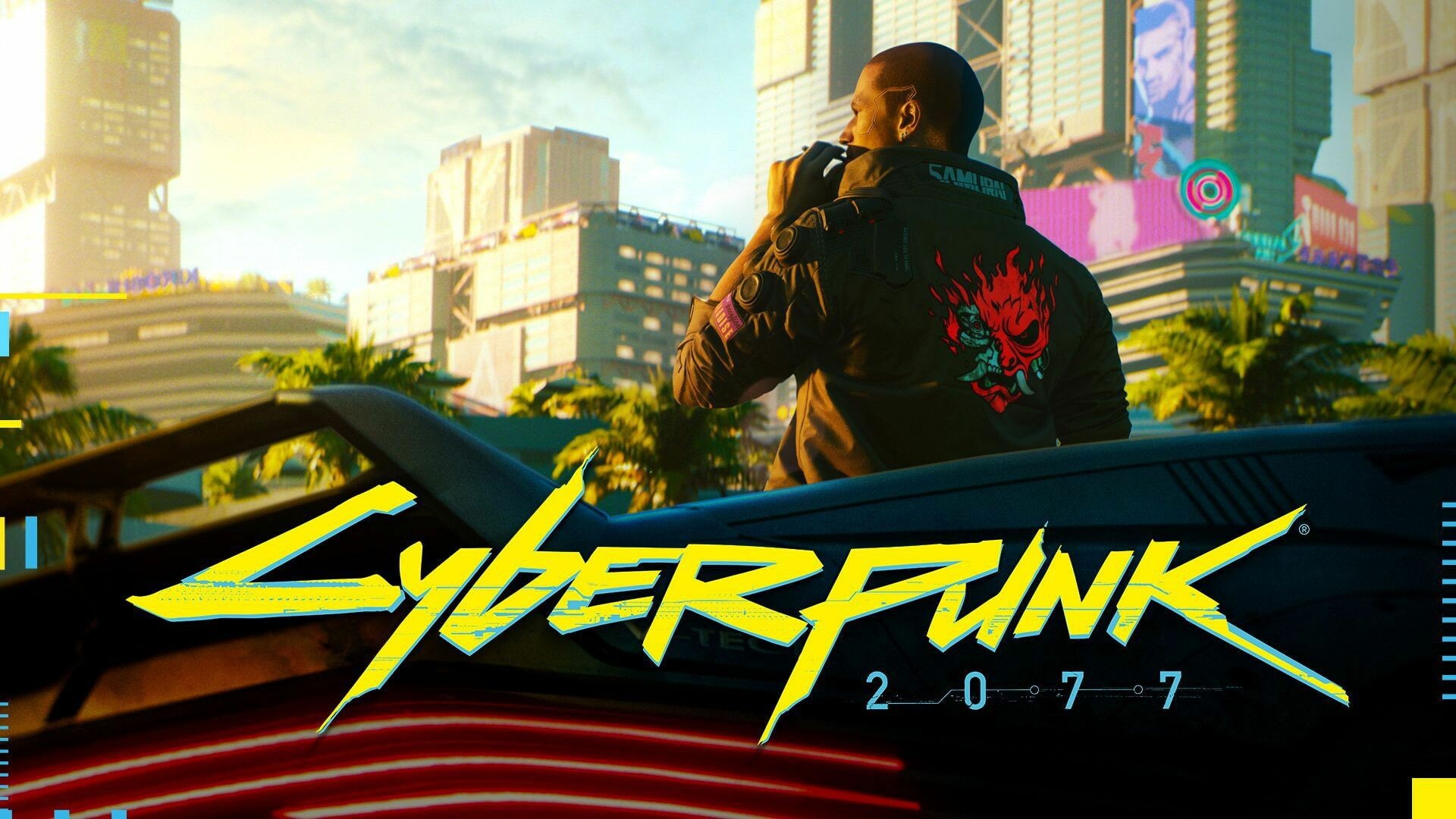 Male V Samurai jacket, Cyberpunk 2077 logo, Daytime skyline key art Male V Samurai jacket, Cyberpunk 2077 logo, Daytime skyline key art — 1920×1080 HD wallpaper