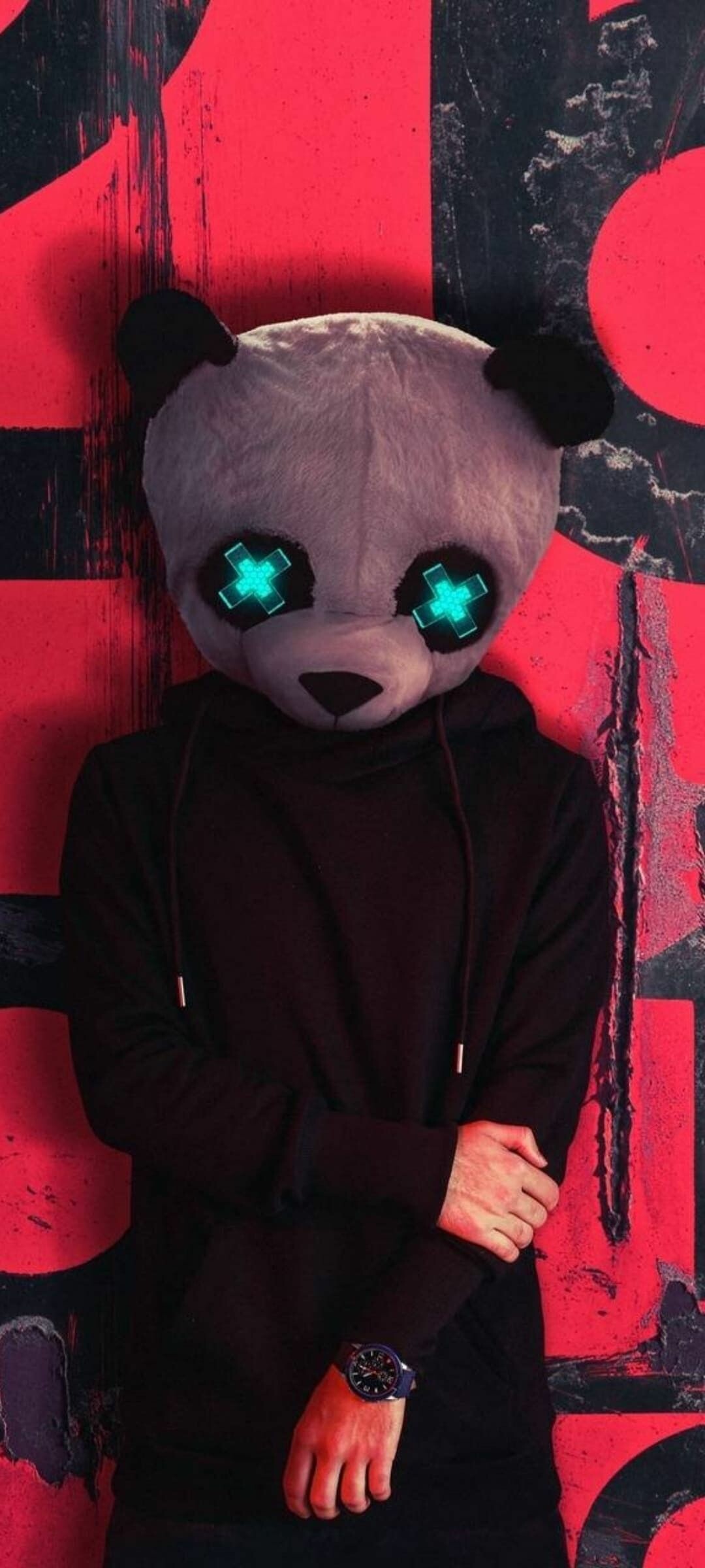 Panda mask person, Glowing cyan X eyes, Black hoodie wristwatch, Red graffiti wall Panda mask person, Glowing cyan X eyes, Black hoodie wristwatch, Red graffiti wall — 1080×2400 HD wallpaper