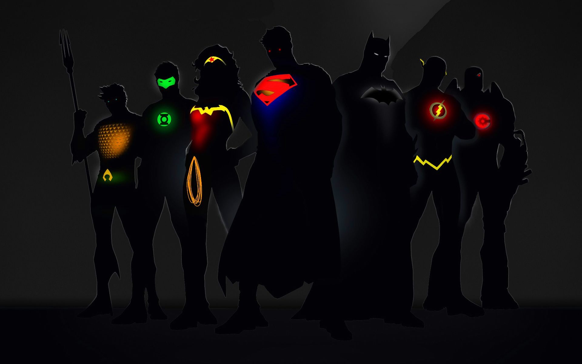 Justice League silhouettes, Superman Batman Wonder Woman, Glowing hero emblems Justice League silhouettes, Superman Batman Wonder Woman, Glowing hero emblems — 1920×1200 HD wallpaper