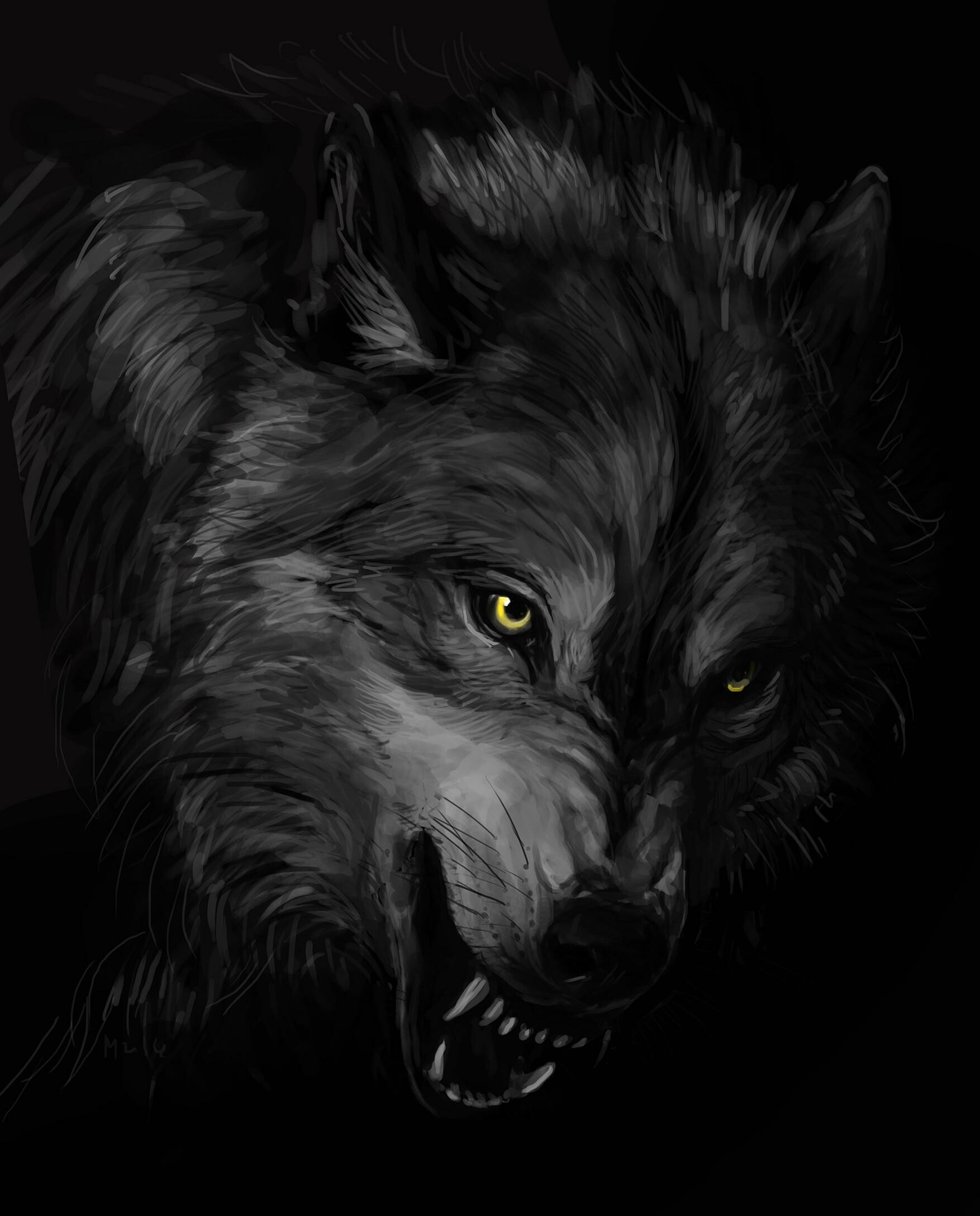 Snarling black wolf portrait, Yellow glowing eyes, Bared fangs digital painting Snarling black wolf portrait, Yellow glowing eyes, Bared fangs digital painting — 1754×2175 HD wallpaper