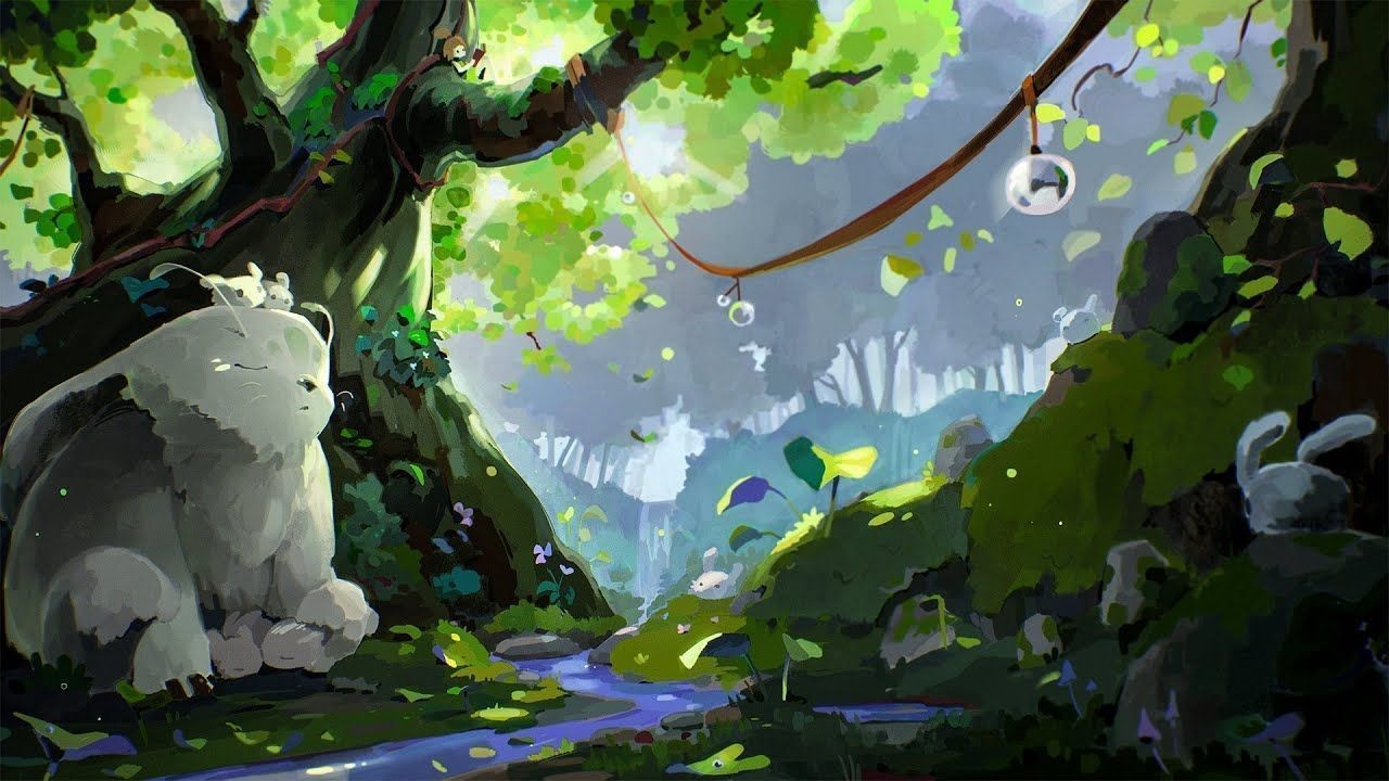 Sleeping white forest spirit, Hanging glass lantern orbs, Misty woodland stream Sleeping white forest spirit, Hanging glass lantern orbs, Misty woodland stream — 1280×720 HD wallpaper