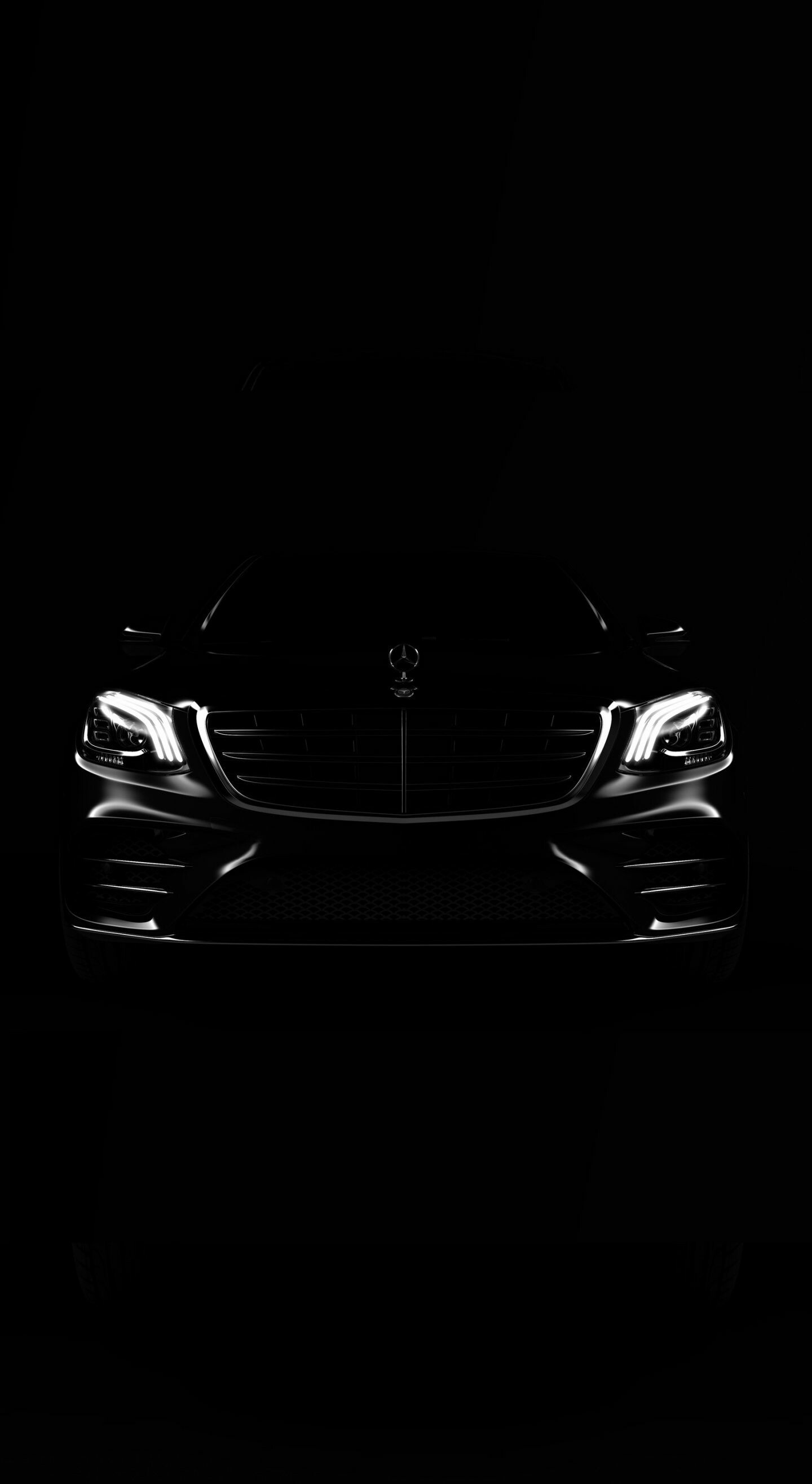 Black Mercedes-Benz S-Class front, Hood star ornament, Low-key dark silhouette Black Mercedes-Benz S-Class front, Hood star ornament, Low-key dark silhouette — 1440×2630 HD wallpaper