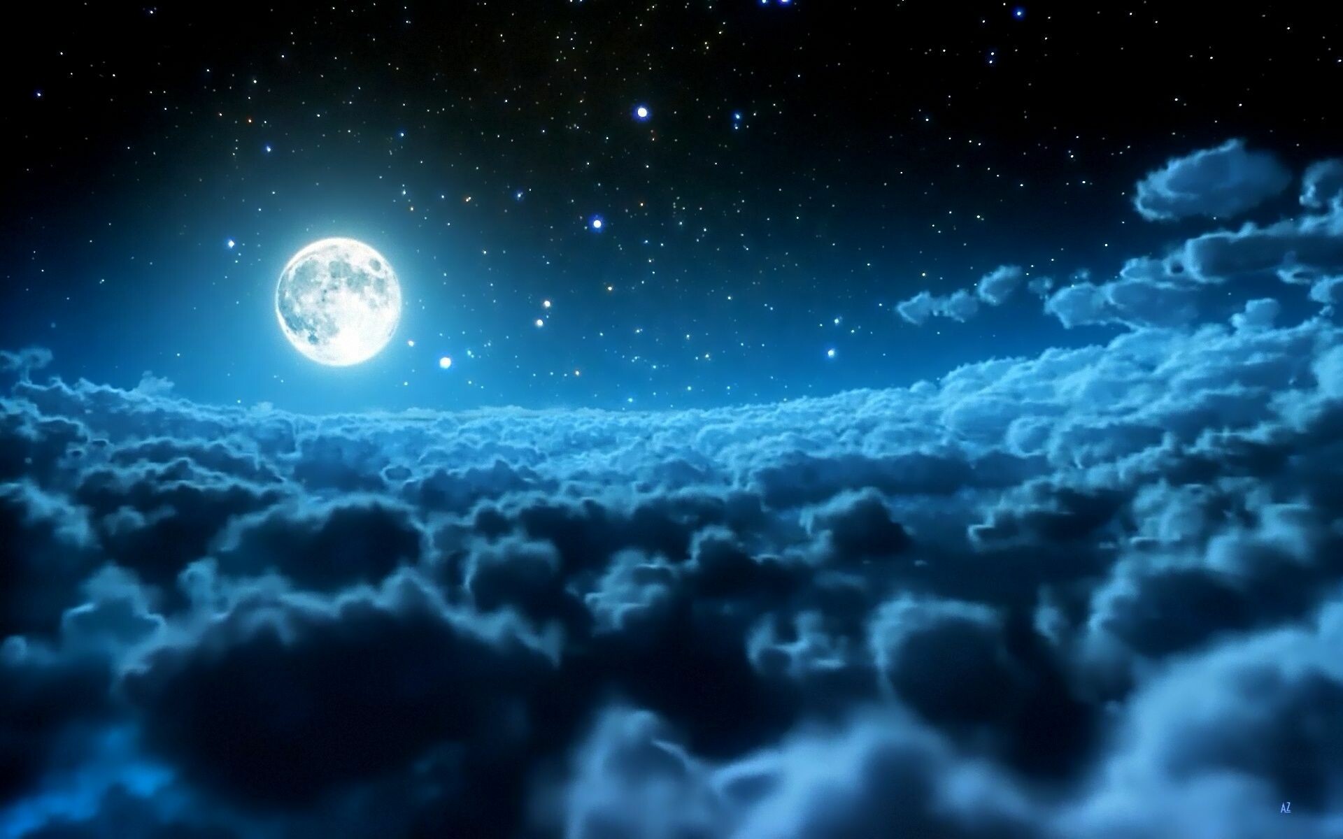 Glowing full moon, Starry night sky, Sea of clouds Glowing full moon, Starry night sky, Sea of clouds — 1920×1200 HD wallpaper