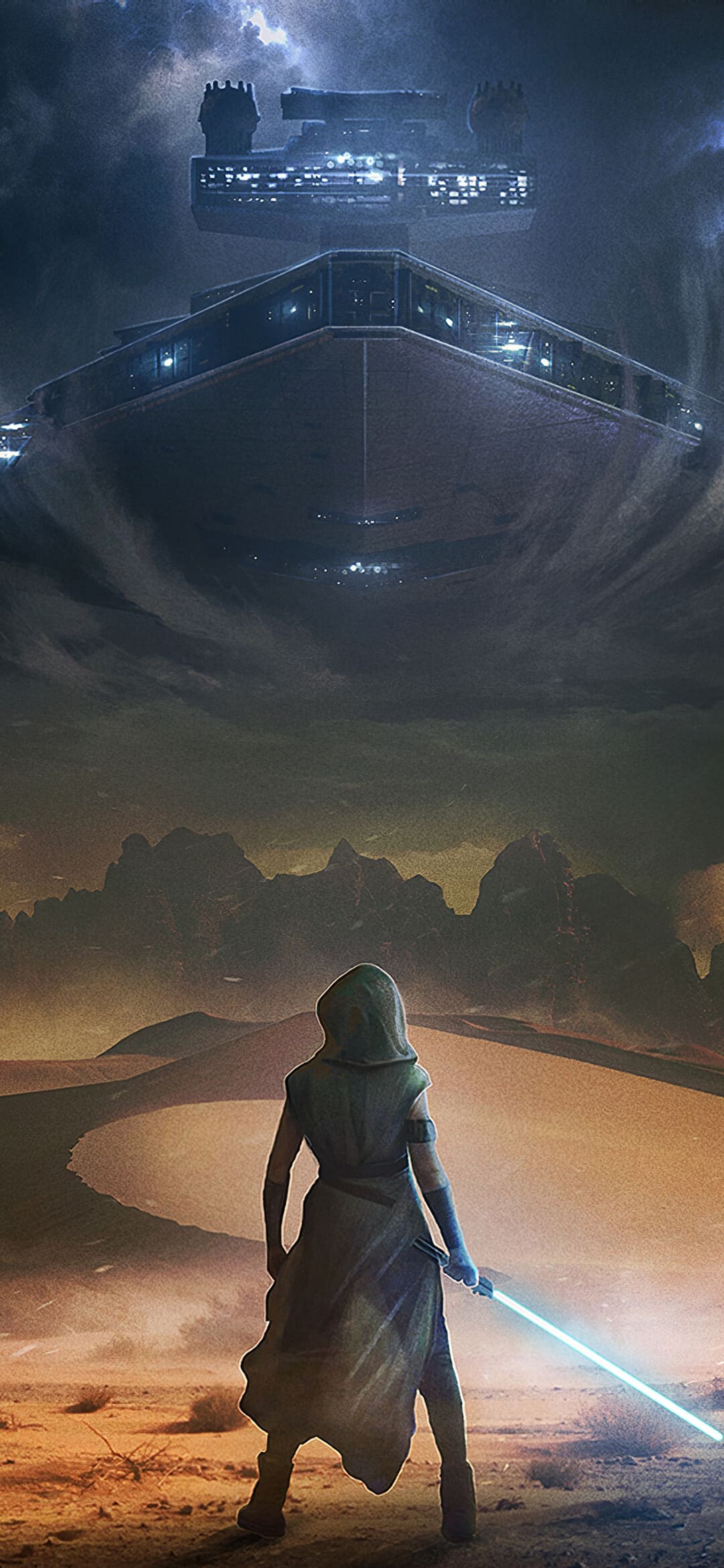Rey, Jedi, Star Wars: The Force Awakens, Blue lightsaber, Imperial Star Destroyer overhead, Galactic Empire, Jakku Rey, Jedi, Star Wars: The Force Awakens, Blue lightsaber, Imperial Star Destroyer overhead, Galactic Empire, Jakku — 1080×2340 HD wallpaper
