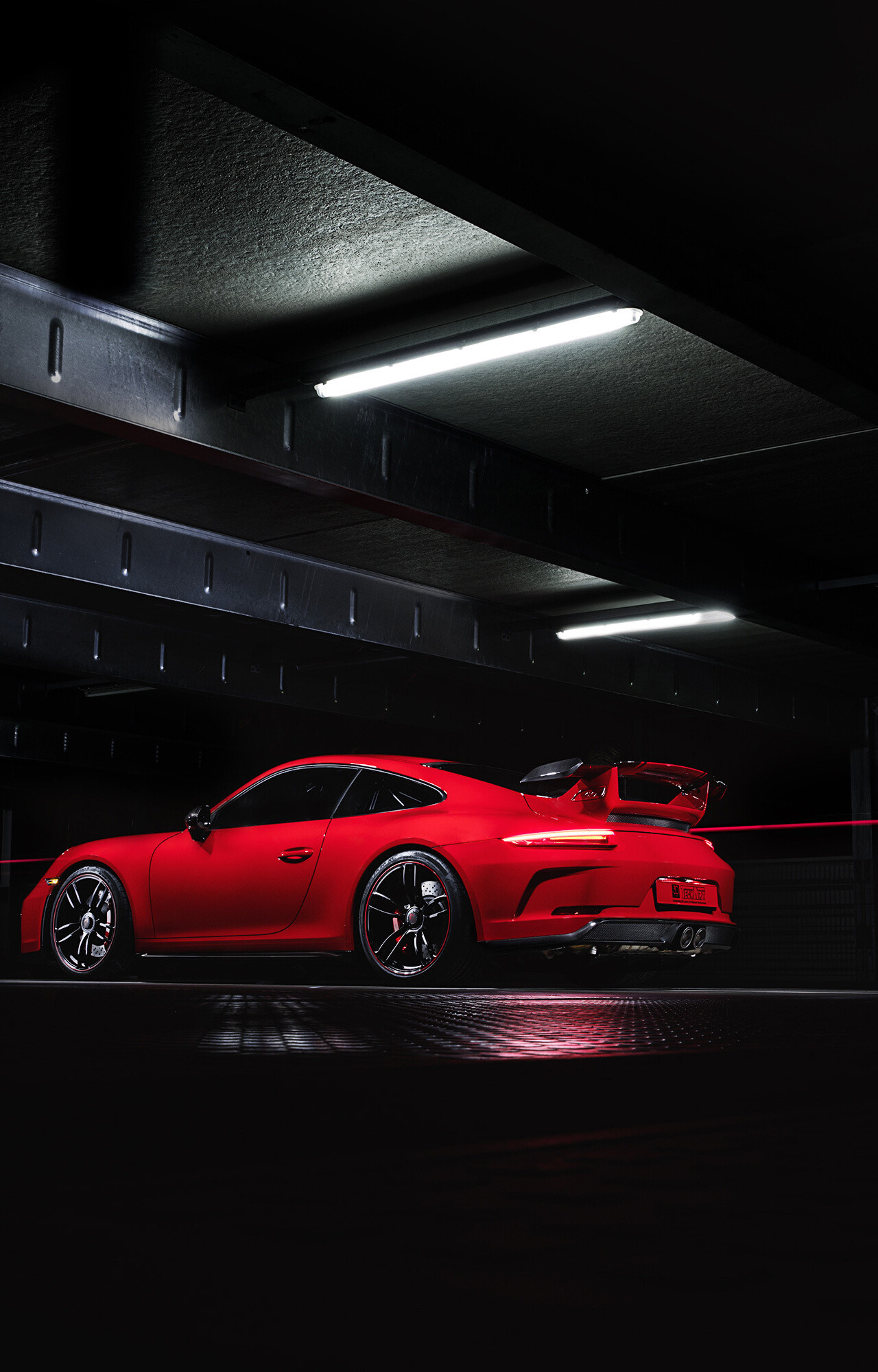 Porsche 911 GT3, Guards red rear view, Industrial garage ceiling Porsche 911 GT3, Guards red rear view, Industrial garage ceiling — 1280×2000 HD wallpaper