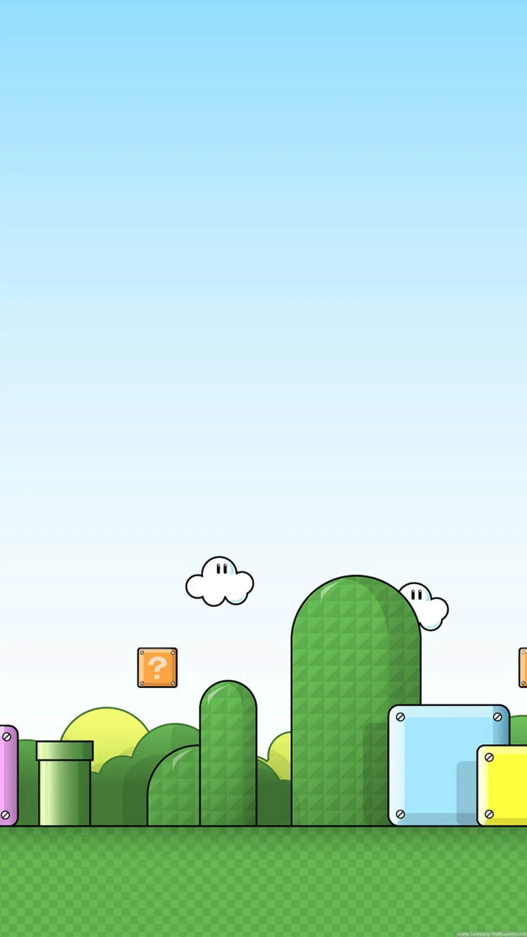 Green warp pipes, Question blocks and bushes, Blue sky minimalist Green warp pipes, Question blocks and bushes, Blue sky minimalist — 1080×1920 HD wallpaper