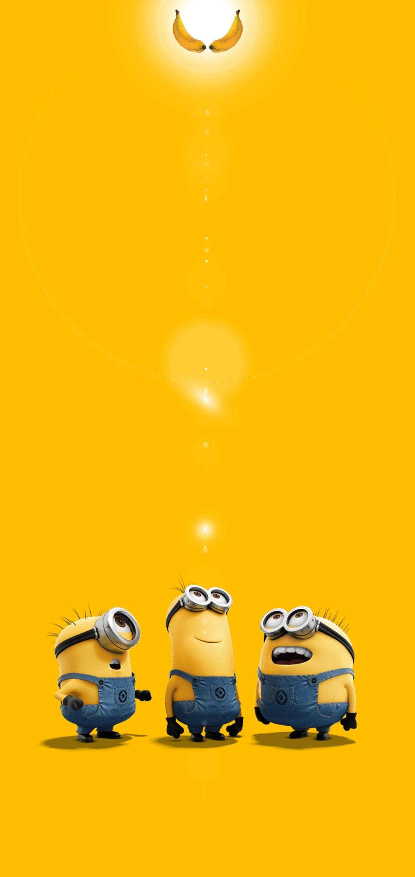 Three Minions looking up, Glowing bananas as sun, Worshipping upward pose Three Minions looking up, Glowing bananas as sun, Worshipping upward pose — 1440×3040 HD wallpaper