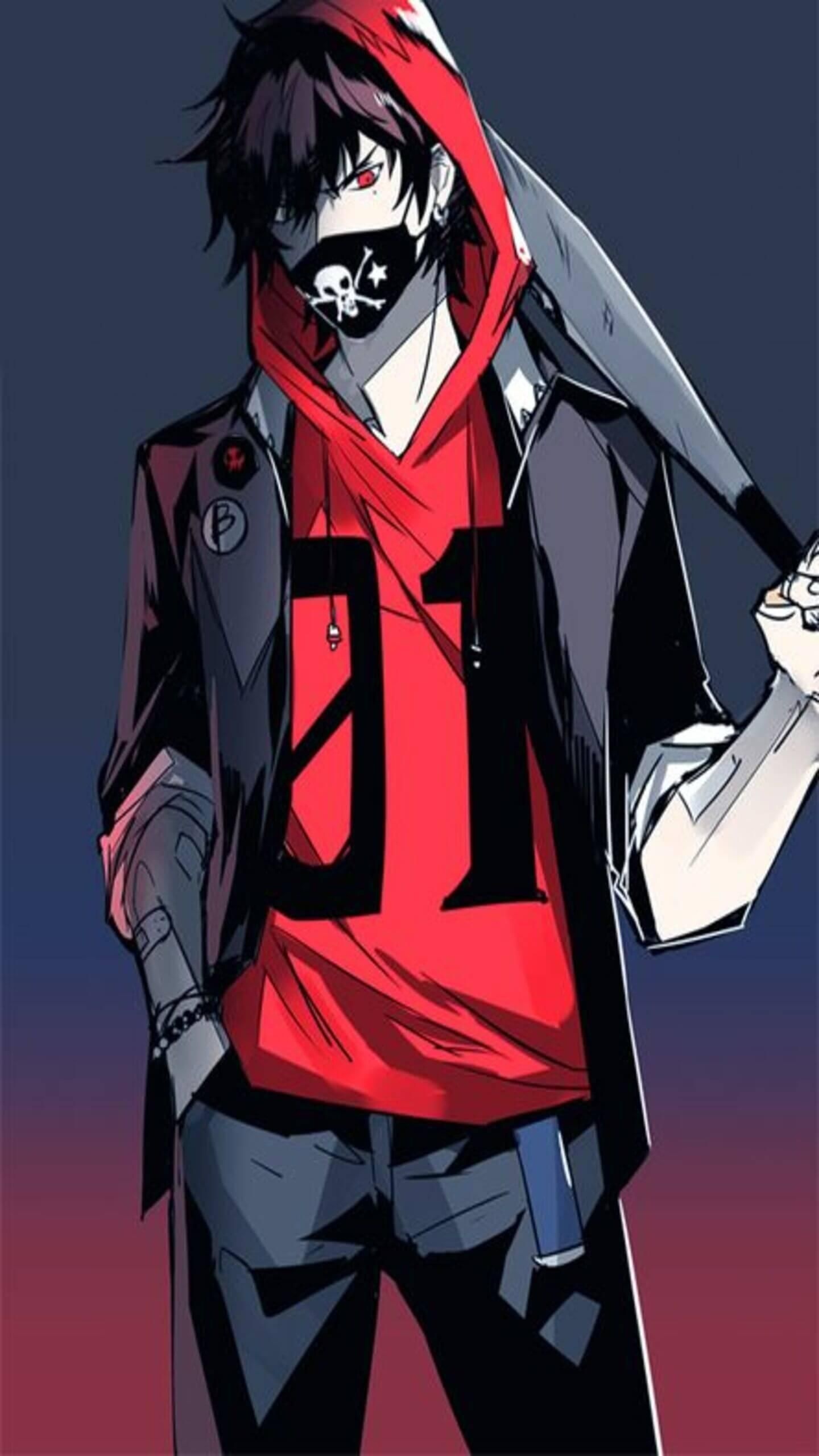 Skull-mask hooded boy, Red 01 jersey, Baseball bat delinquent Skull-mask hooded boy, Red 01 jersey, Baseball bat delinquent — 1440×2560 HD wallpaper