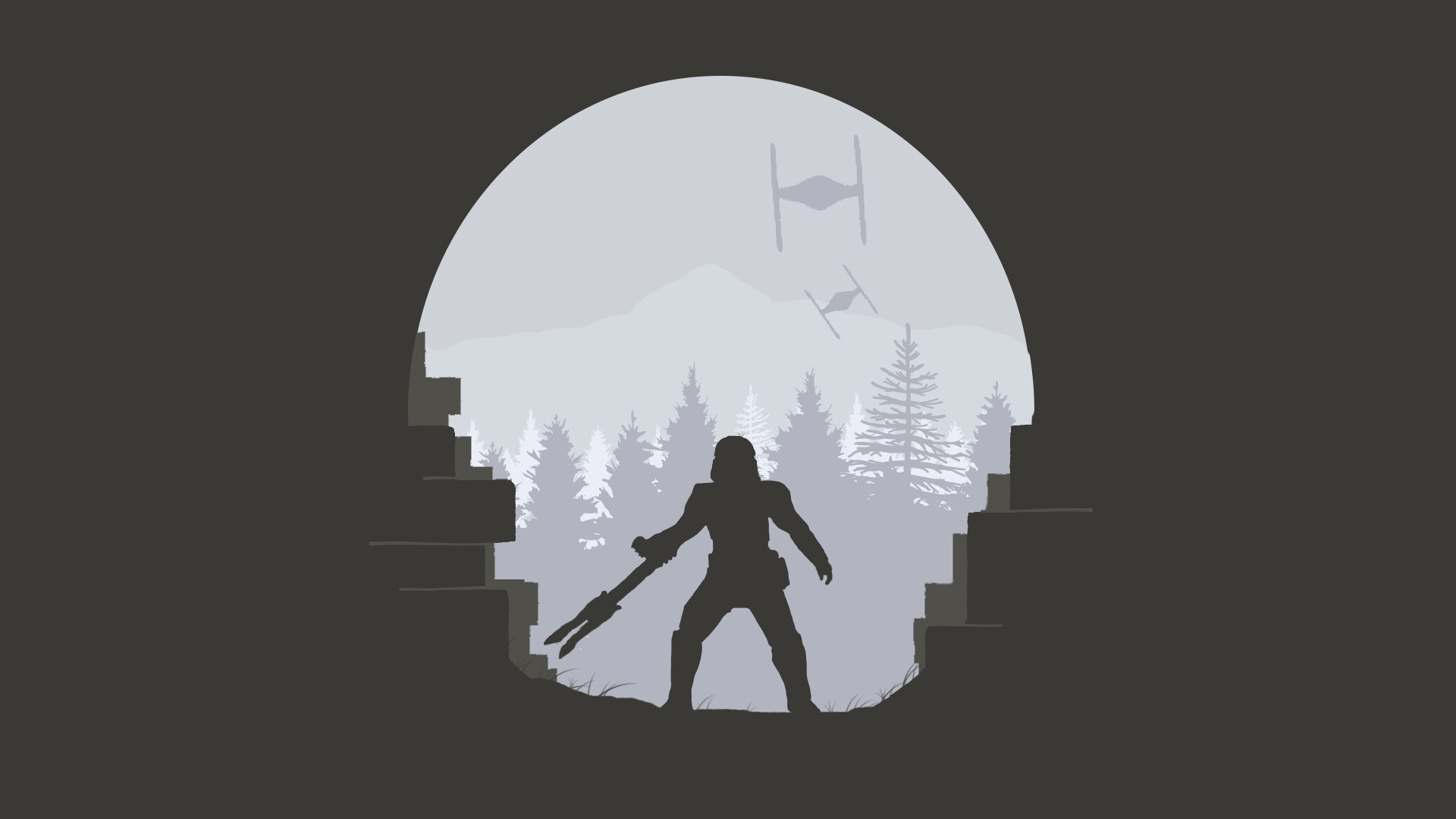 Din Djarin silhouette, Chewbacca, TIE fighters, Galactic Empire, Minimalist forest scene Din Djarin silhouette, Chewbacca, TIE fighters, Galactic Empire, Minimalist forest scene — 1920×1080 HD wallpaper