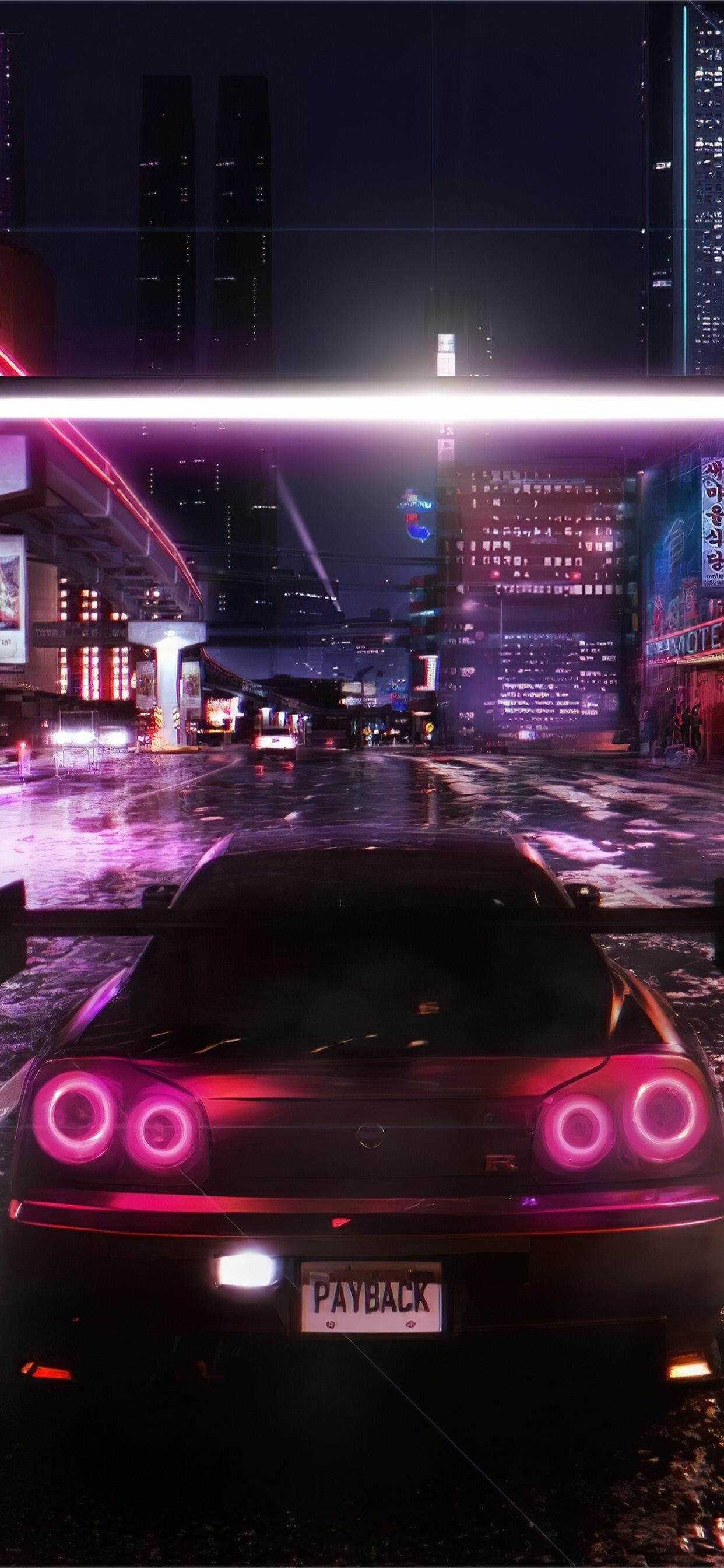 Nissan Skyline R34, PAYBACK license plate, Neon rainy cityscape Nissan Skyline R34, PAYBACK license plate, Neon rainy cityscape — 1242×2688 HD wallpaper