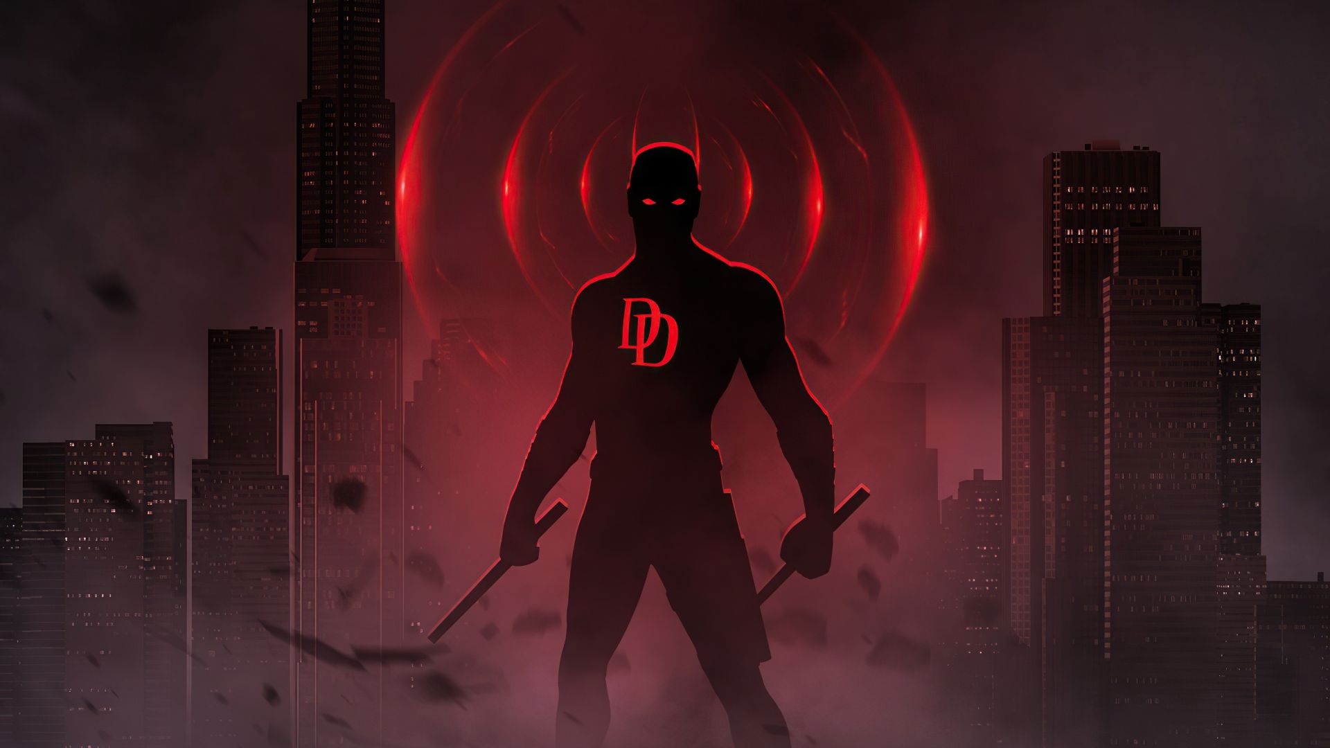 Daredevil silhouette, Billy club batons, Hell's Kitchen skyline Daredevil silhouette, Billy club batons, Hell's Kitchen skyline — 1920×1080 HD wallpaper