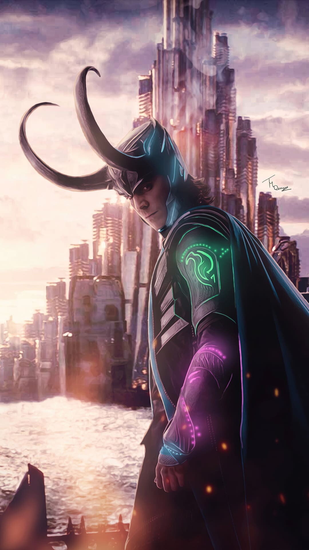 King Loki, Horned golden helmet, Asgard skyline, Glowing green sigil King Loki, Horned golden helmet, Asgard skyline, Glowing green sigil — 1080×1920 HD wallpaper