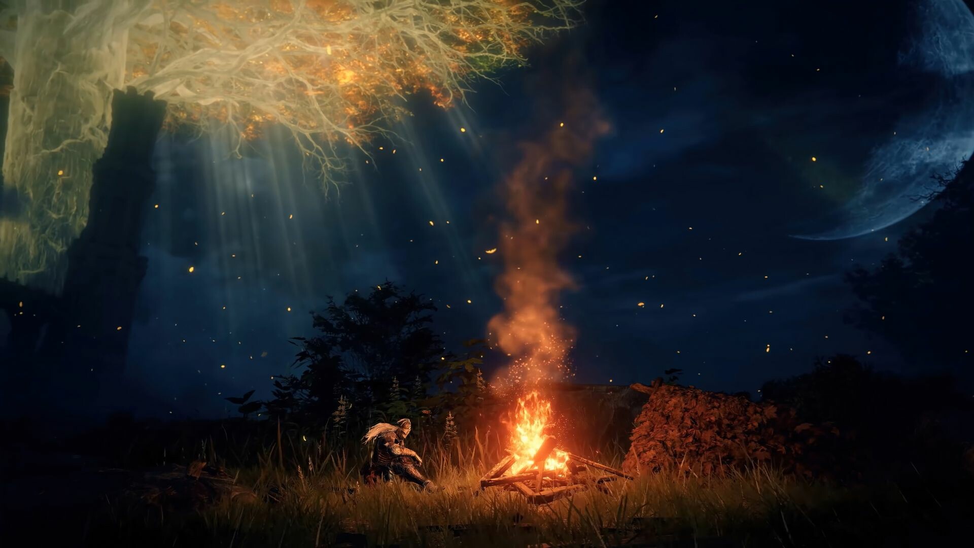 Tarnished at bonfire, Glowing Erdtree distant, Crescent moon night Tarnished at bonfire, Glowing Erdtree distant, Crescent moon night — 1920×1080 HD wallpaper