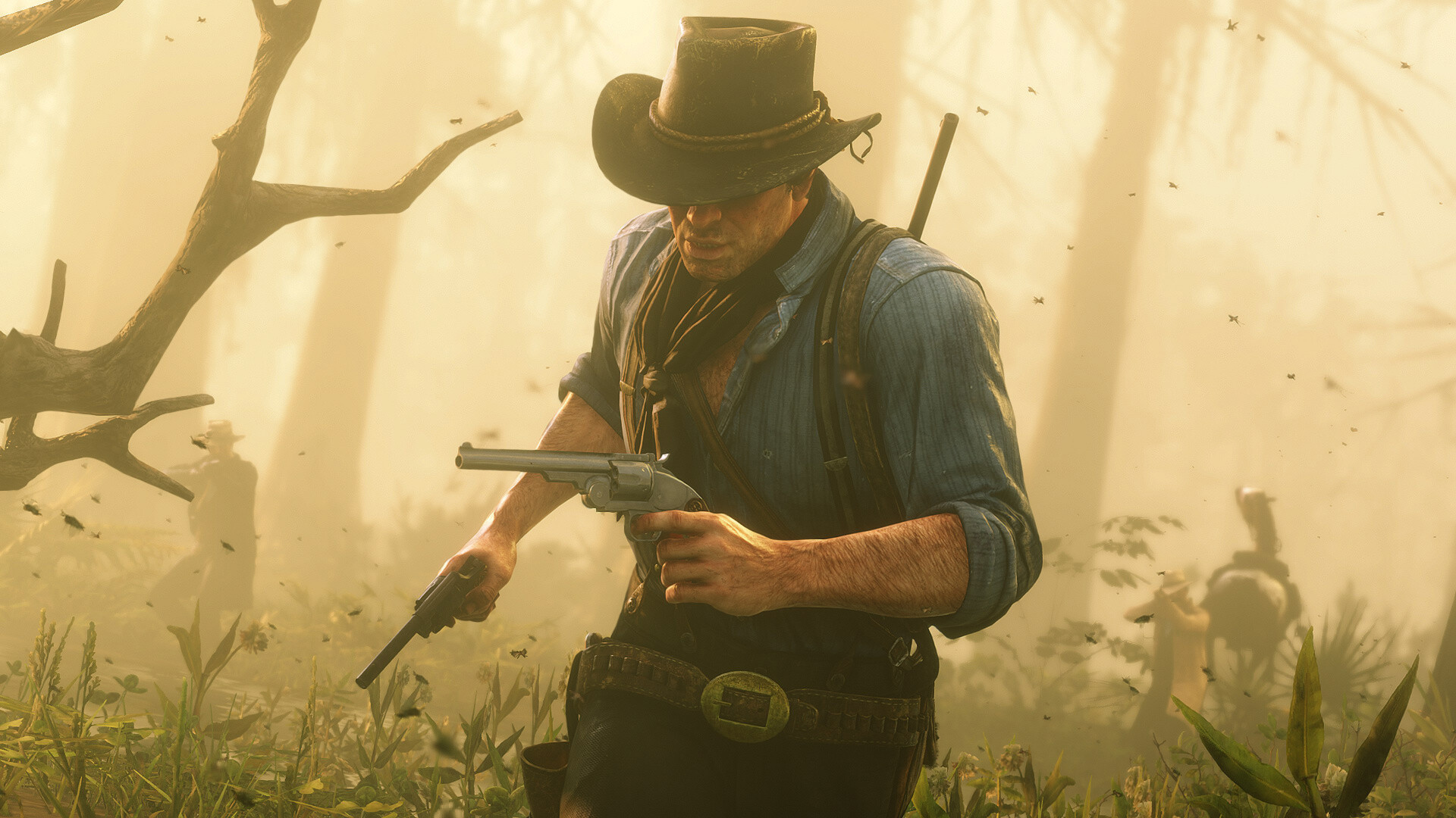 Arthur Morgan, Dual revolvers drawn, Foggy swamp shootout Arthur Morgan, Dual revolvers drawn, Foggy swamp shootout — 1920×1080 HD wallpaper