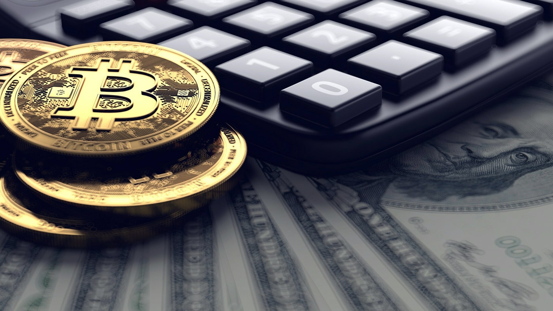 Gold Bitcoin coins stack, Black calculator keypad, US dollar bills Gold Bitcoin coins stack, Black calculator keypad, US dollar bills — 1920×1080 HD wallpaper