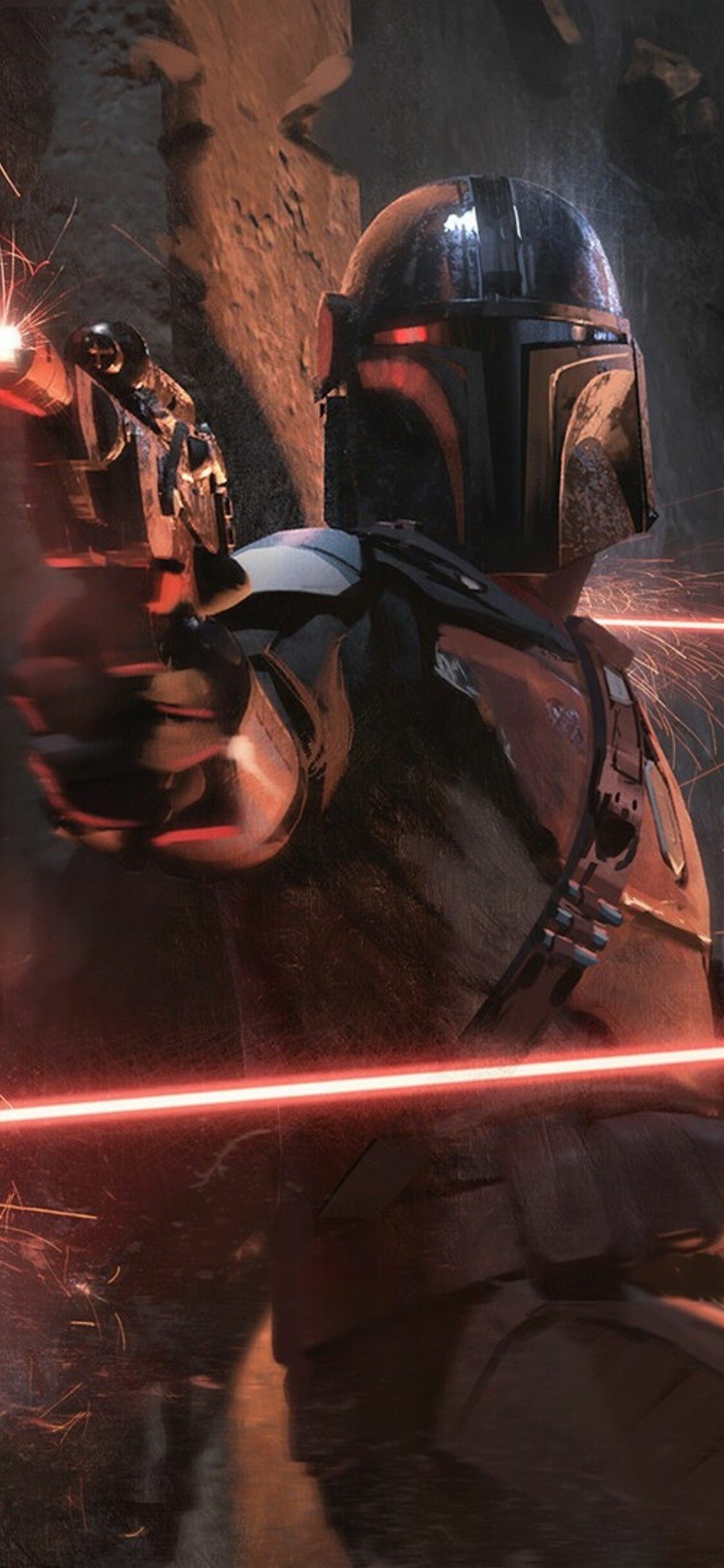 Din Djarin firing blaster, Mandalorians, Beskar helmet, Red blaster bolts Din Djarin firing blaster, Mandalorians, Beskar helmet, Red blaster bolts — 1125×2436 HD wallpaper
