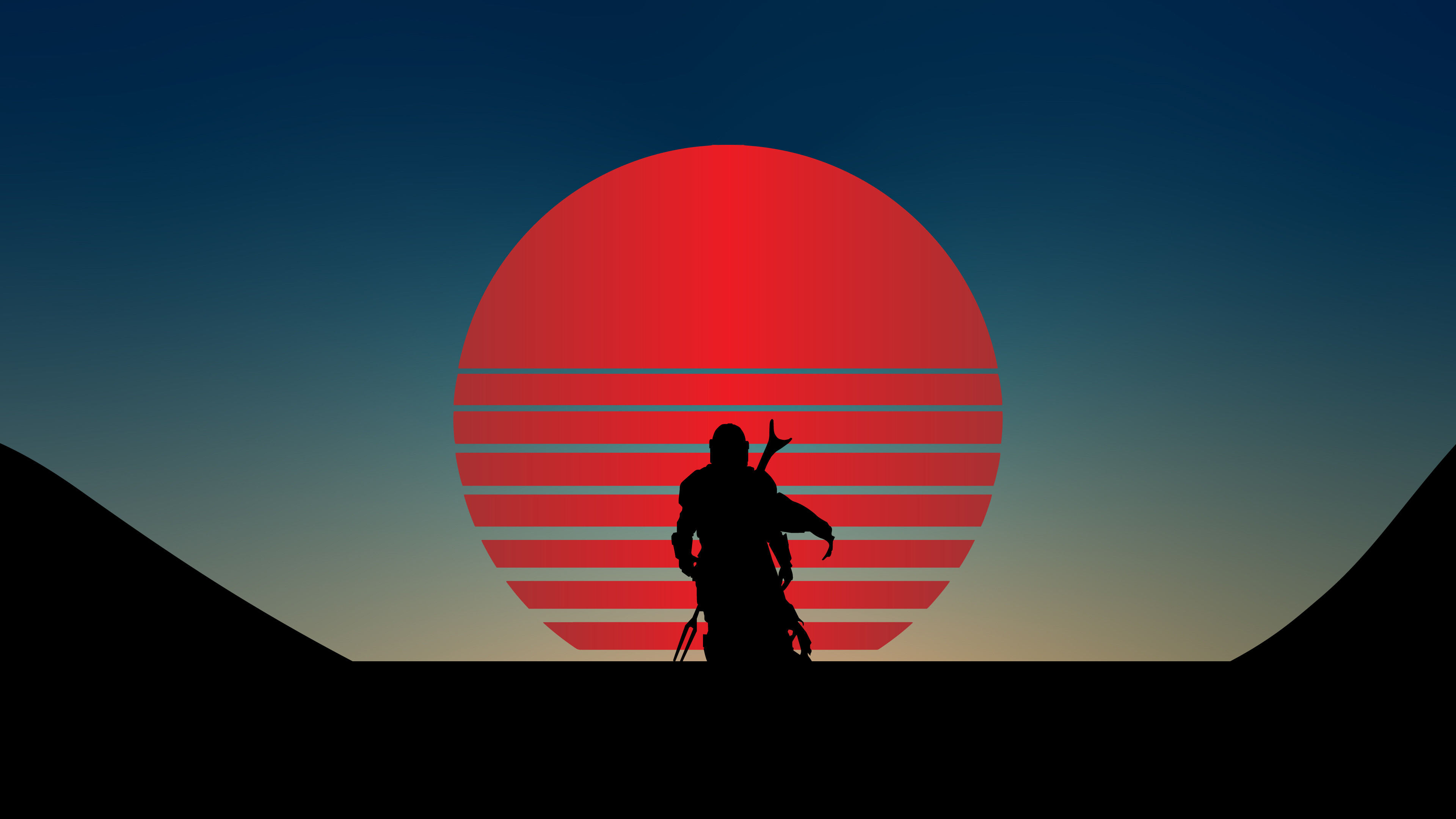 Din Djarin silhouette, Grogu, The Mandalorian, Retro striped red sun, Minimalist desert sunset Din Djarin silhouette, Grogu, The Mandalorian, Retro striped red sun, Minimalist desert sunset — 3840×2160 HD wallpaper