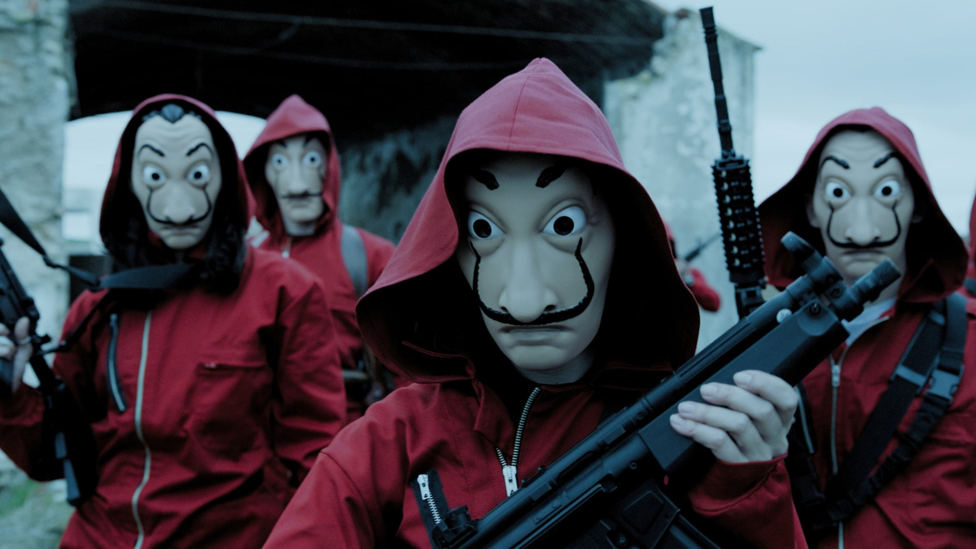 Salvador Dali mask robbers, Assault rifles, Blue overcast tone Salvador Dali mask robbers, Assault rifles, Blue overcast tone — 1920×1080 HD wallpaper