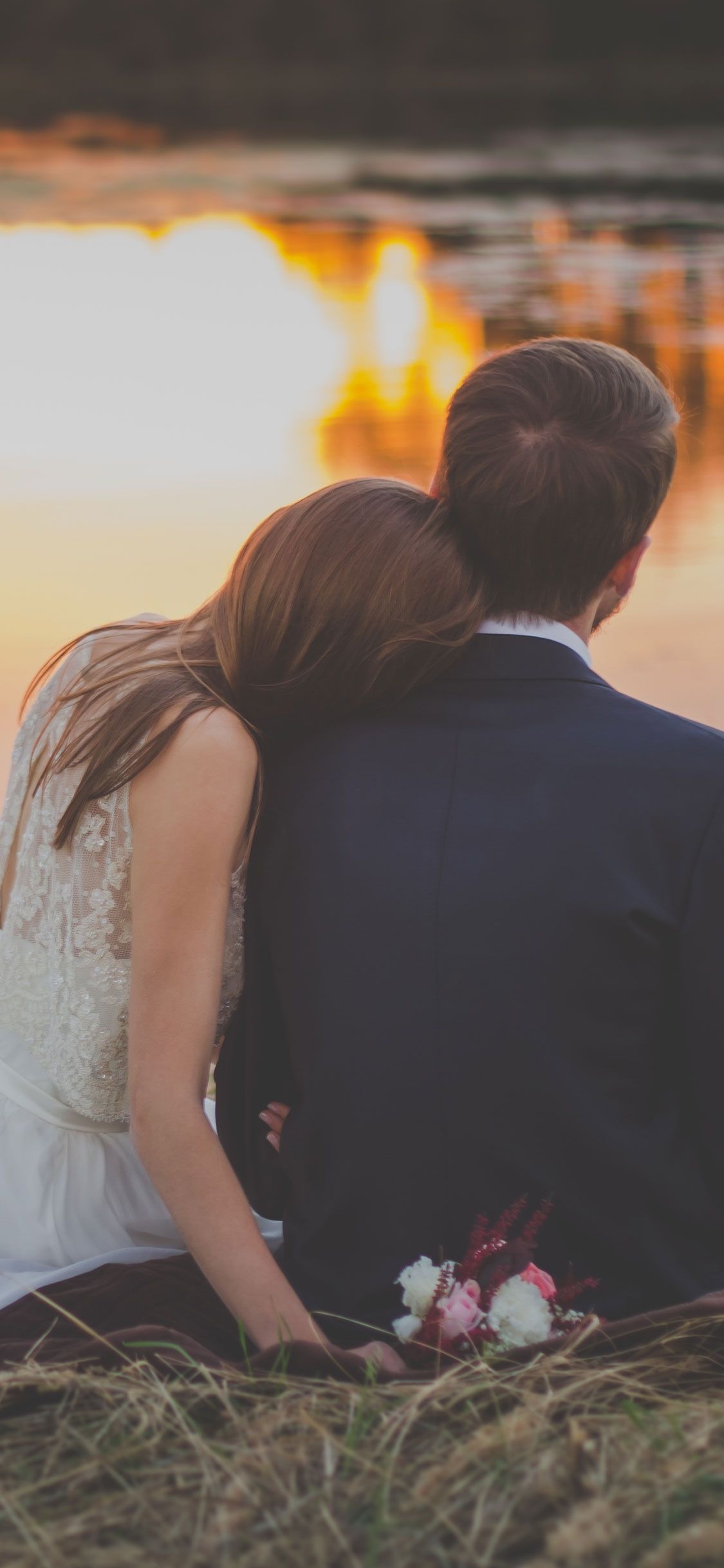 Wedding couple by lake, Golden sunset reflection, Bridal bouquet roses Wedding couple by lake, Golden sunset reflection, Bridal bouquet roses — 1125×2436 HD wallpaper