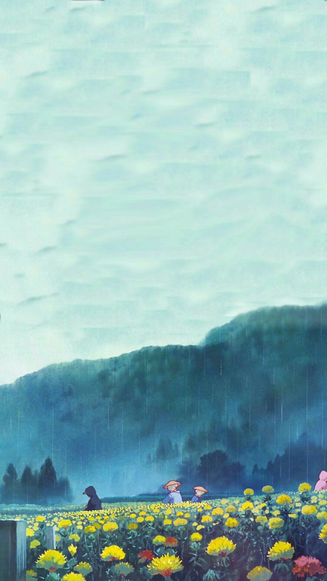Taeko Okajima, Only Yesterday (1991), Isao Takahata, Yamagata, Safflower flower field, Misty rain hills Taeko Okajima, Only Yesterday (1991), Isao Takahata, Yamagata, Safflower flower field, Misty rain hills — 1080×1920 HD wallpaper