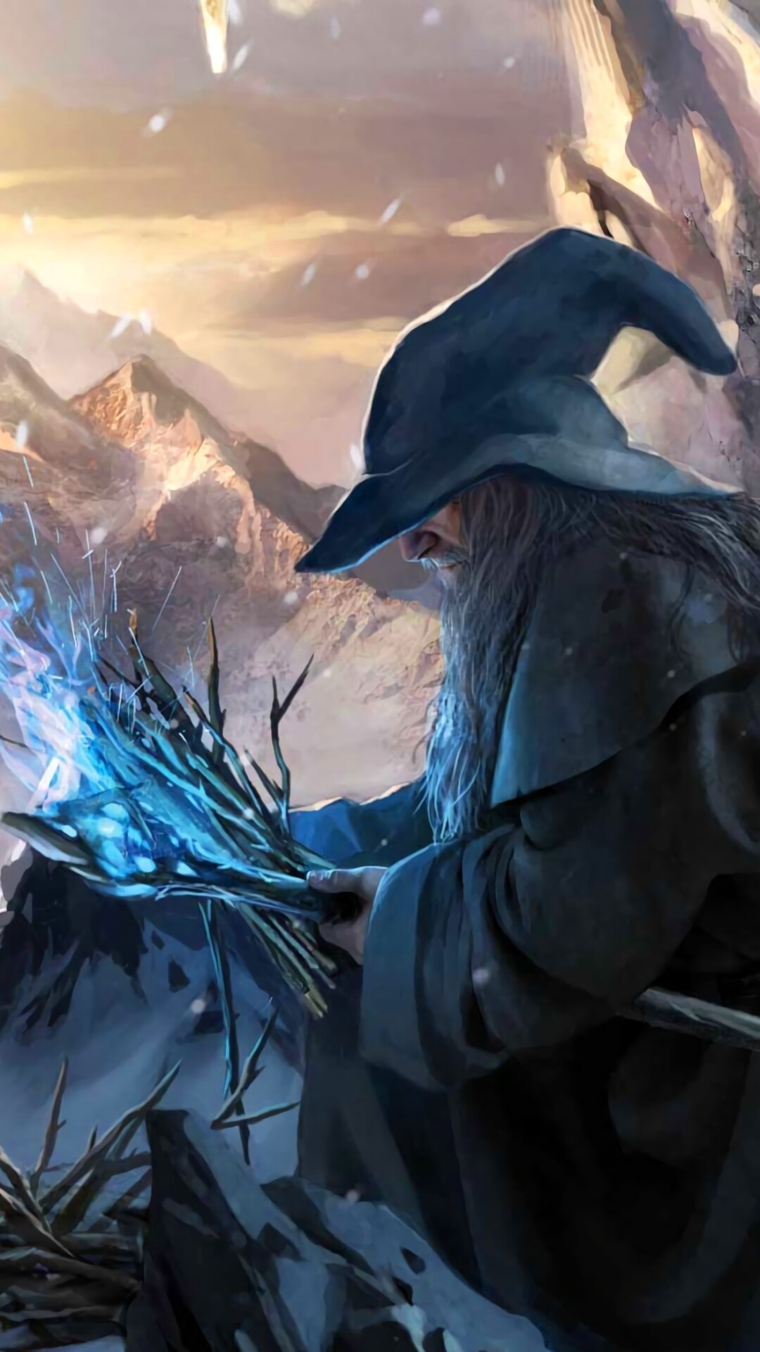 Gandalf the Grey, Blue magic fire, Snowy Misty Mountains Gandalf the Grey, Blue magic fire, Snowy Misty Mountains — 1080×1920 HD wallpaper