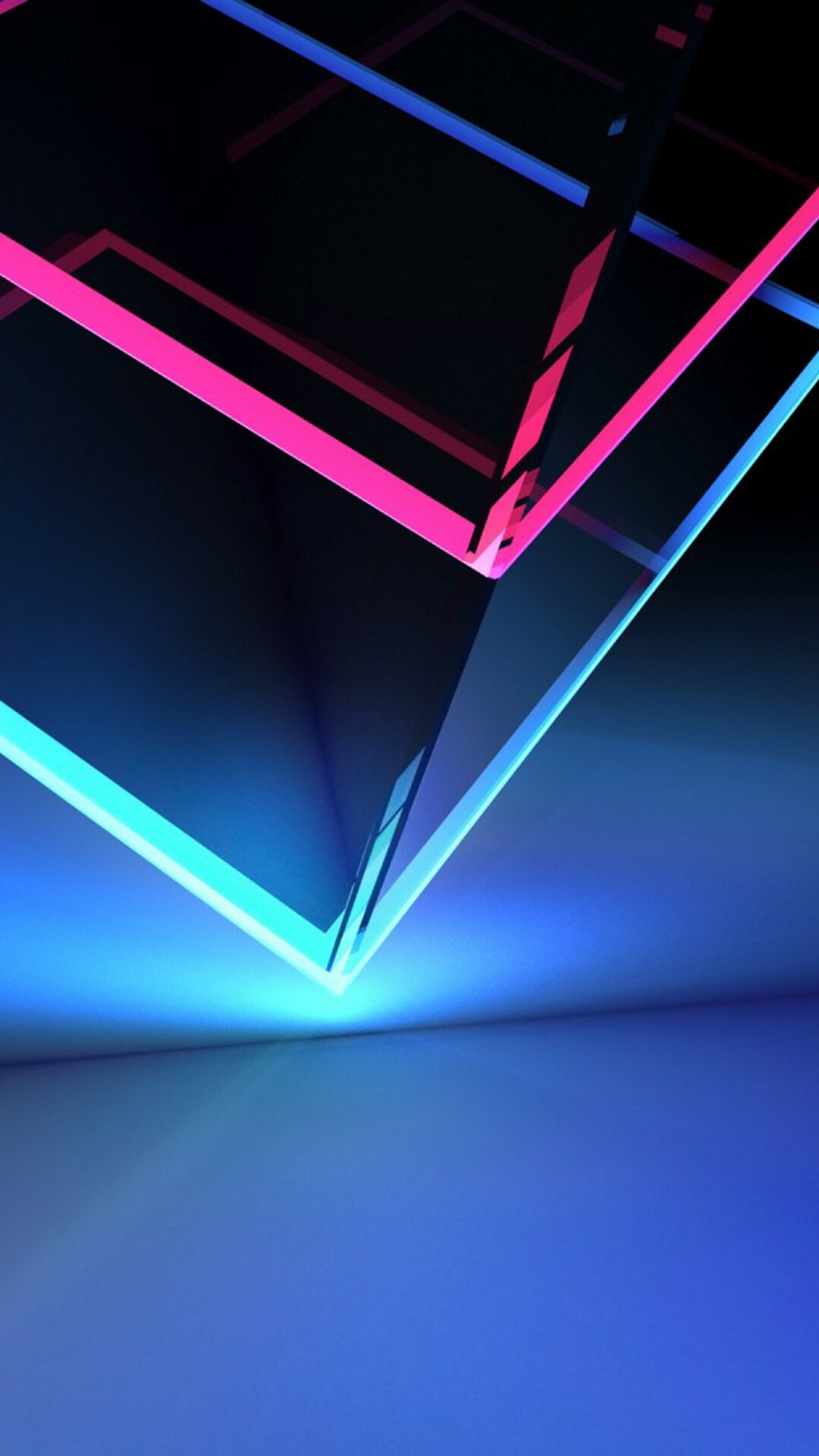 Neon glowing cube outline, Pink blue geometric edges, Dark room floor Neon glowing cube outline, Pink blue geometric edges, Dark room floor — 1080×1920 HD wallpaper