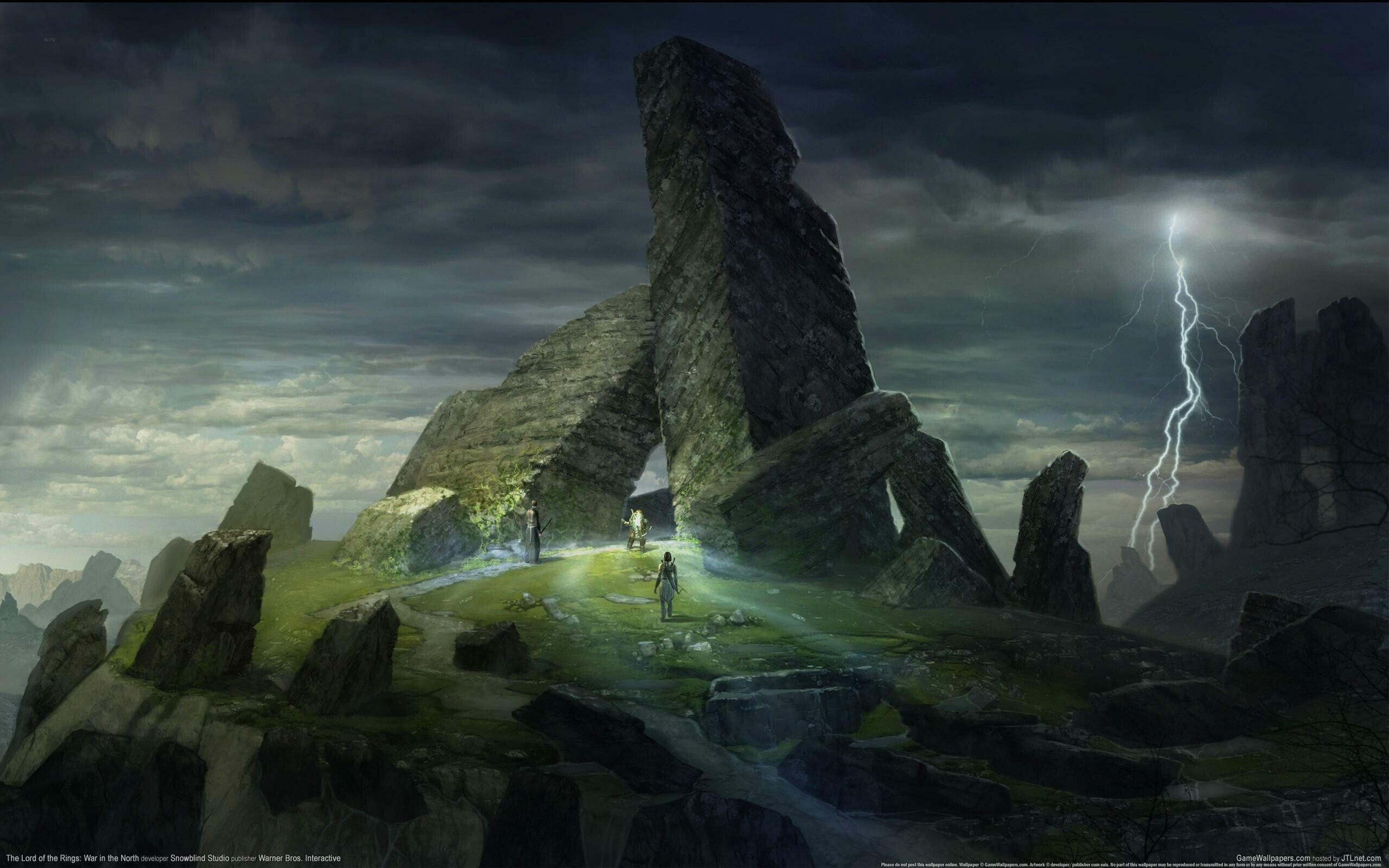 Eradan, Farin, Andriel, The Lord of the Rings: War in the North (2011), Ancient standing stones, Lightning storm Eradan, Farin, Andriel, The Lord of the Rings: War in the North (2011), Ancient standing stones, Lightning storm — 2560×1600 HD wallpaper