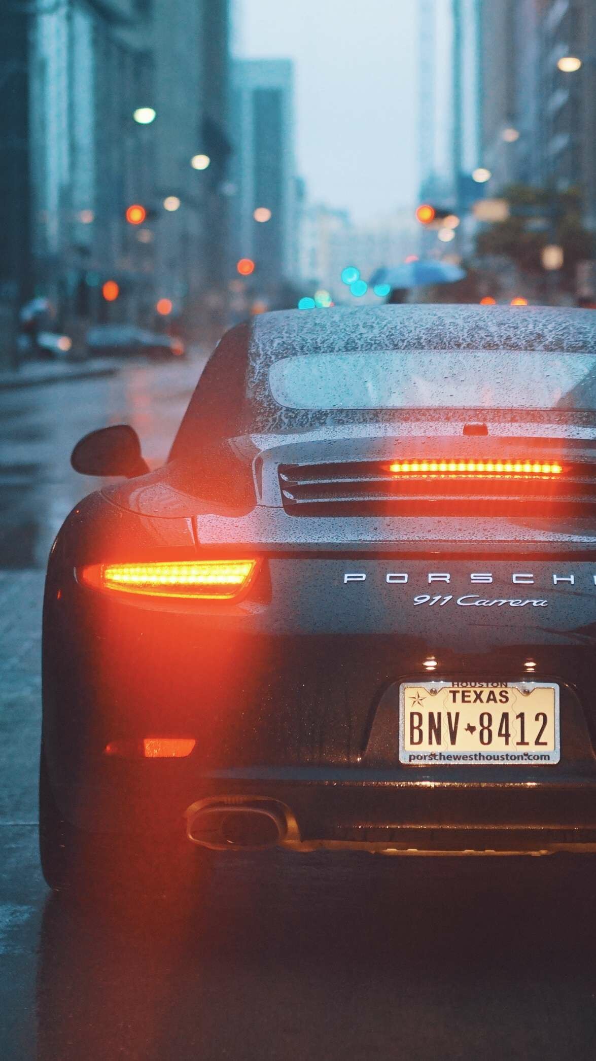 Black 991 Carrera, Rainy city street, Glowing taillights rear Black 991 Carrera, Rainy city street, Glowing taillights rear — 1175×2092 HD wallpaper
