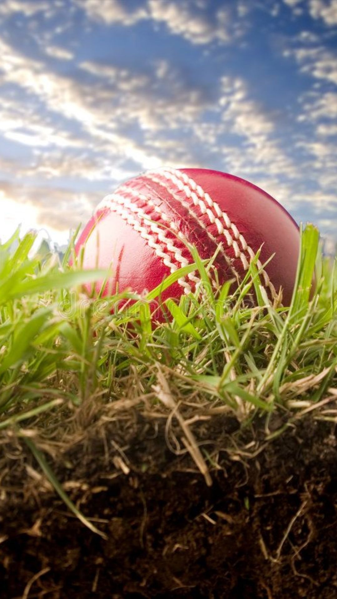 Red leather cricket ball, Green grass pitch, Cloudy blue sky Red leather cricket ball, Green grass pitch, Cloudy blue sky — 1080×1920 HD wallpaper