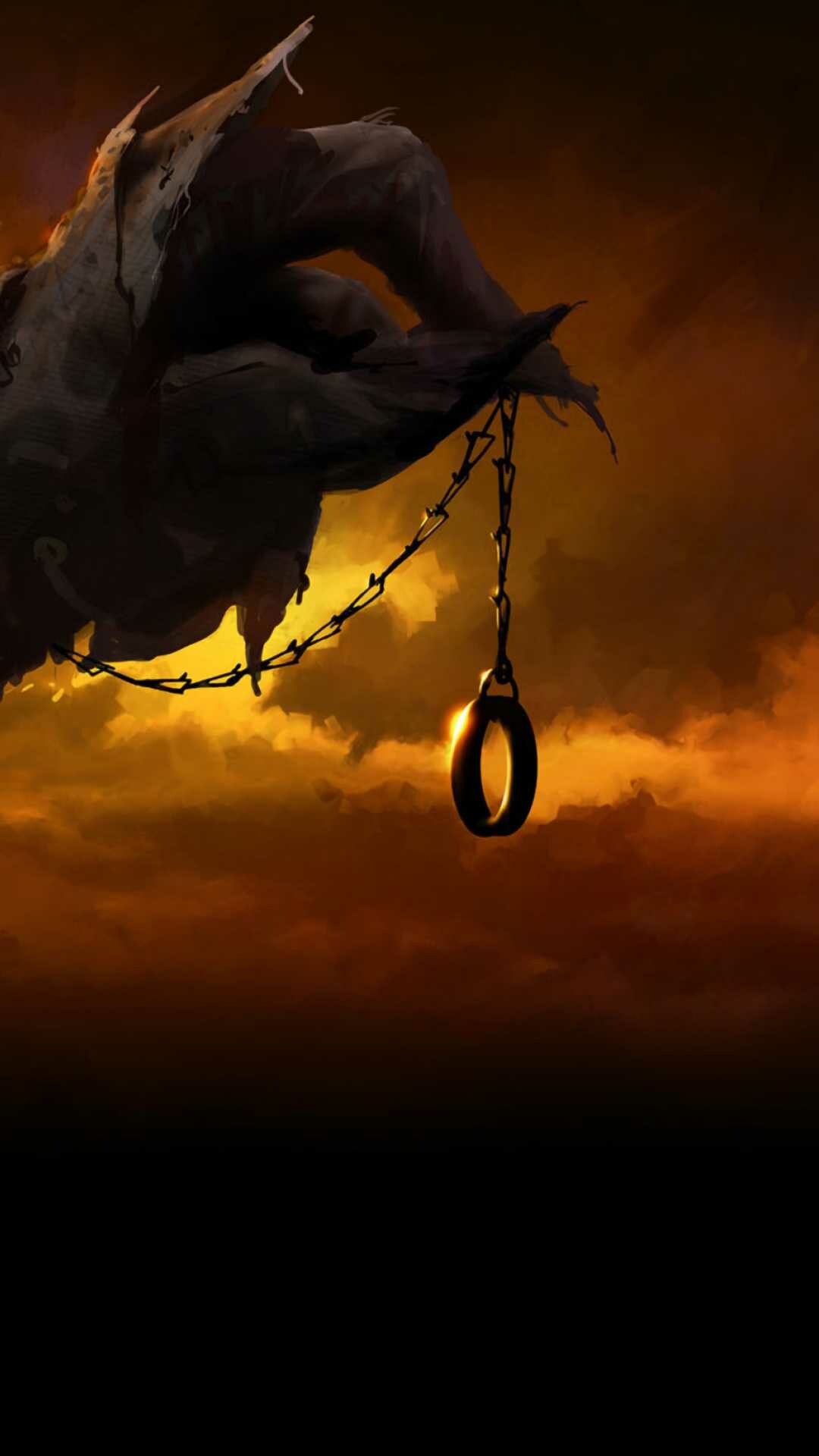 Sauron's armored hand, One Ring on chain, Mount Doom, Fiery Mordor sky Sauron's armored hand, One Ring on chain, Mount Doom, Fiery Mordor sky — 1080×1920 HD wallpaper
