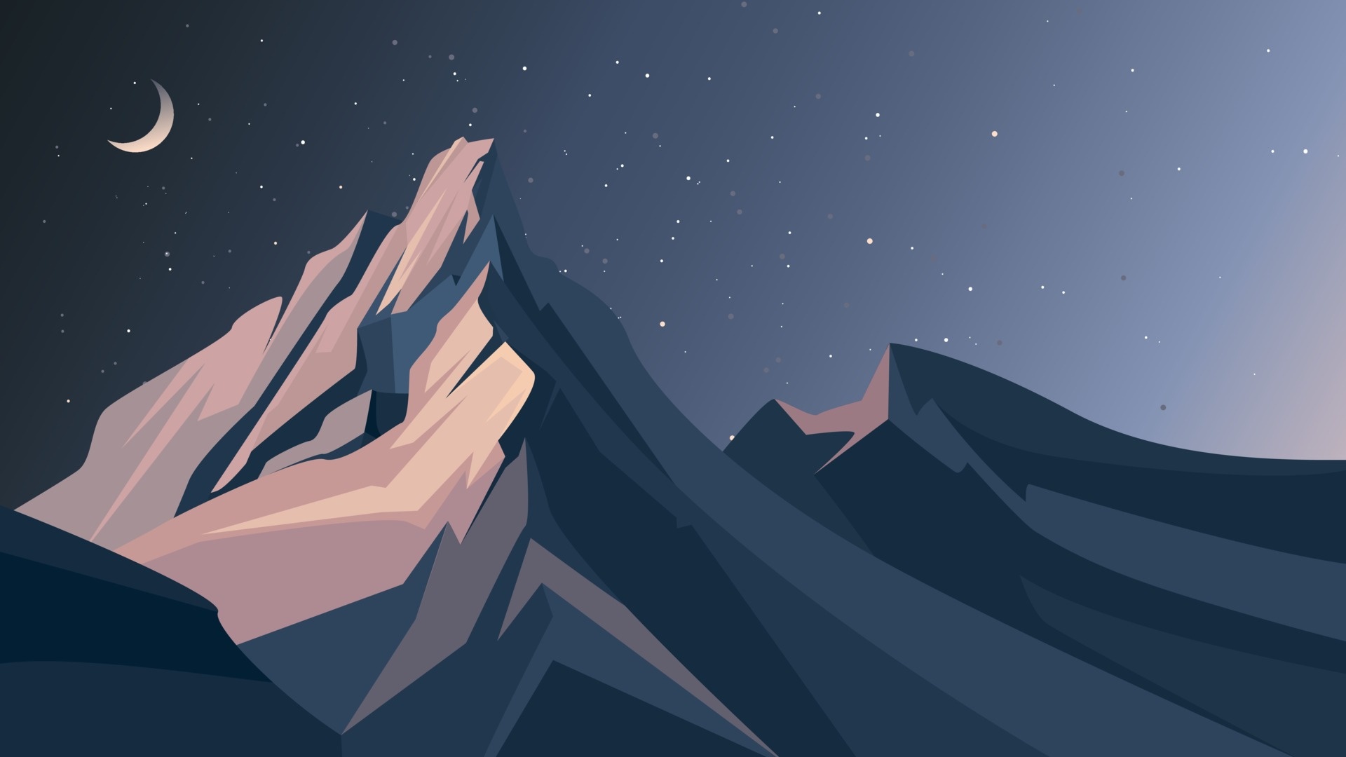 Faceted vector summit, Crescent moon, Gradient starry sky Faceted vector summit, Crescent moon, Gradient starry sky — 1920×1080 HD wallpaper