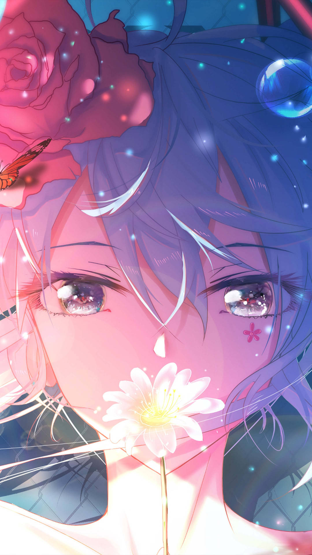 Lavender-haired anime girl, Rose butterfly daisy, Pastel glow Lavender-haired anime girl, Rose butterfly daisy, Pastel glow — 1080×1920 HD wallpaper