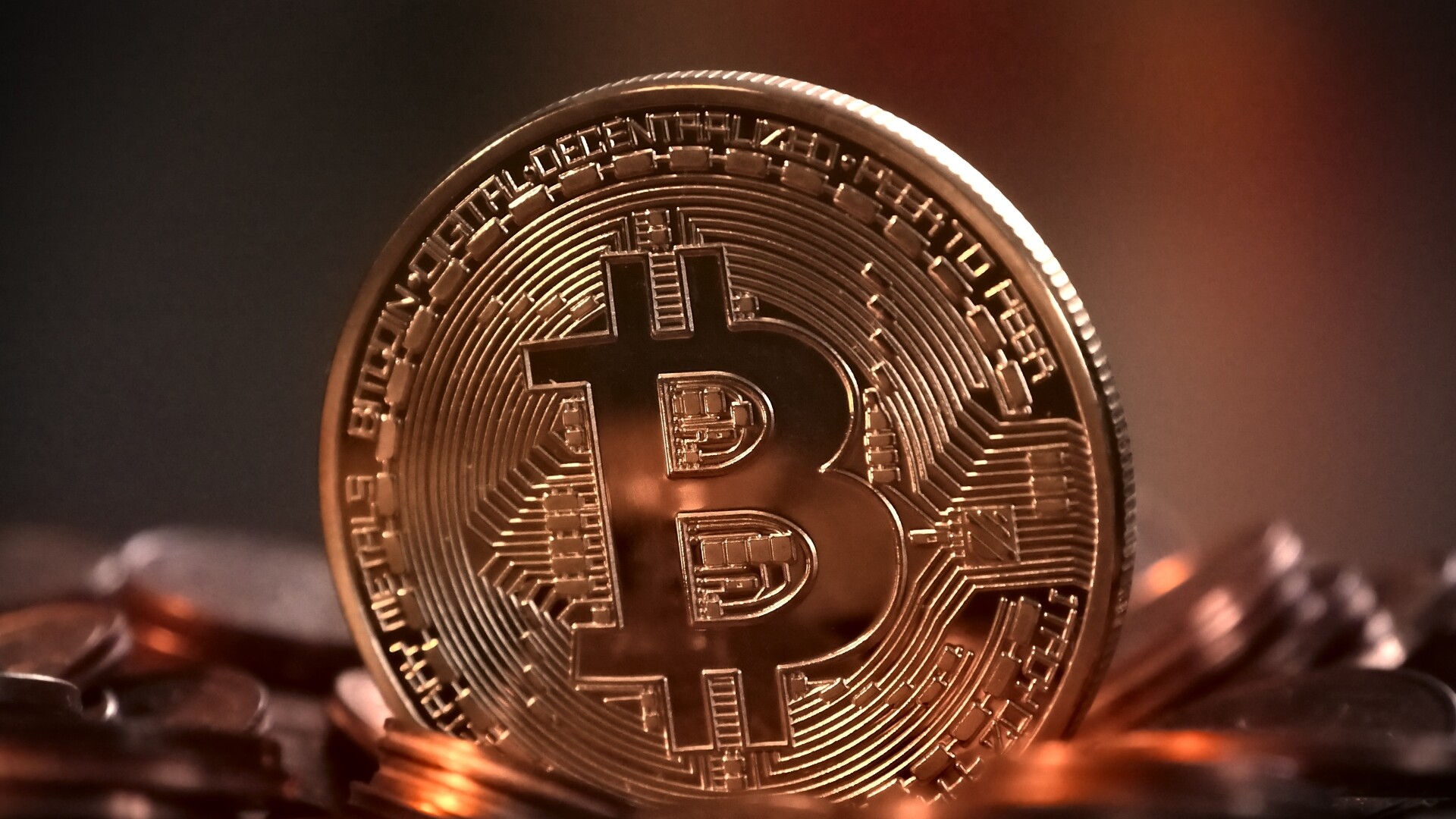 Physical Bitcoin coin, Copper coin stack, Vires In Numeris engraving Physical Bitcoin coin, Copper coin stack, Vires In Numeris engraving — 1920×1080 HD wallpaper