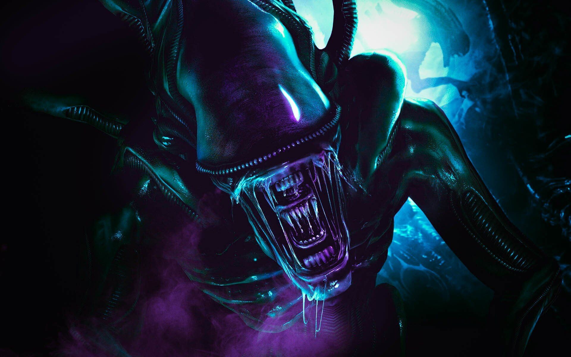 Xenomorph alien, Snarling metallic teeth, Purple cyan mist Xenomorph alien, Snarling metallic teeth, Purple cyan mist — 1920×1200 HD wallpaper