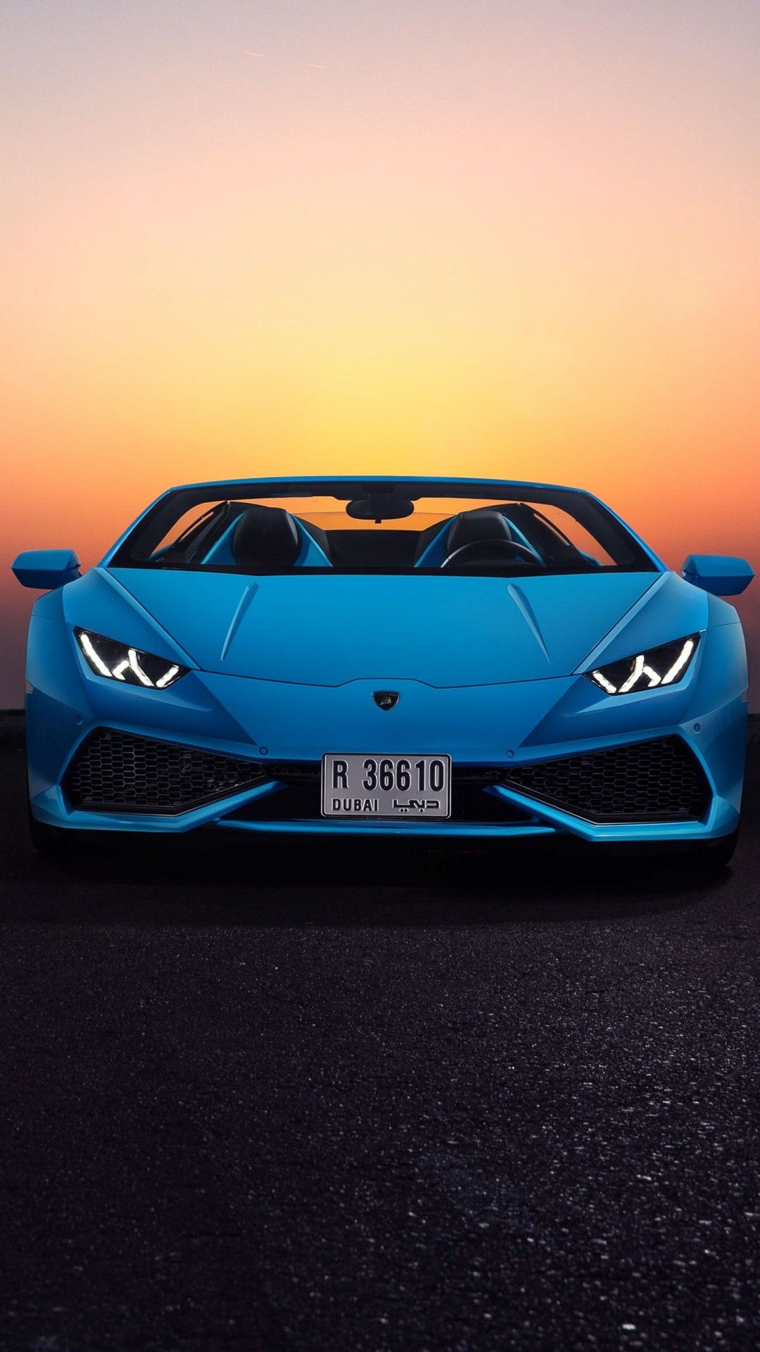Blue Lamborghini Huracan Spyder, Dubai R 36610 plate, Sunset horizon Blue Lamborghini Huracan Spyder, Dubai R 36610 plate, Sunset horizon — 1080×1920 HD wallpaper