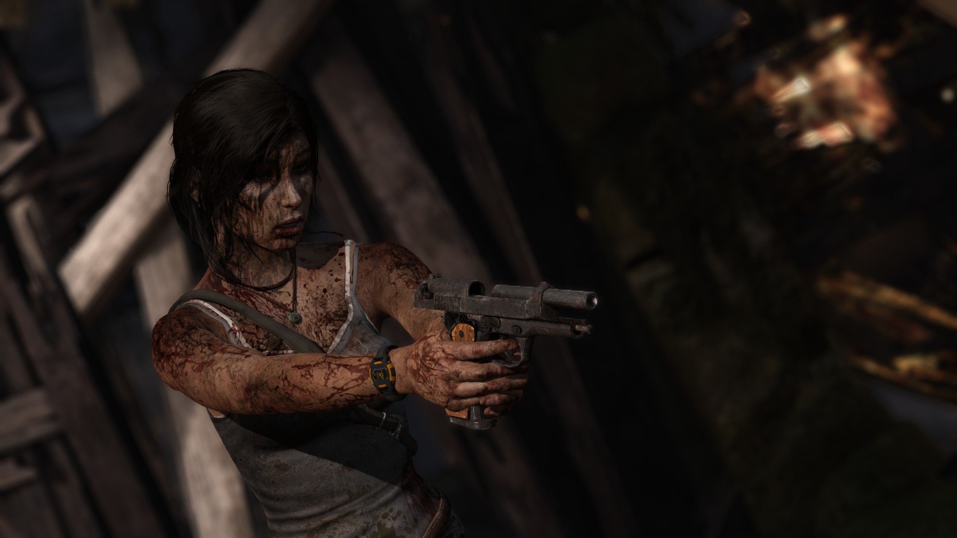Lara Croft, Tomb Raider (2013), Aiming pistol bloodied Lara Croft, Tomb Raider (2013), Aiming pistol bloodied — 1920×1080 HD wallpaper